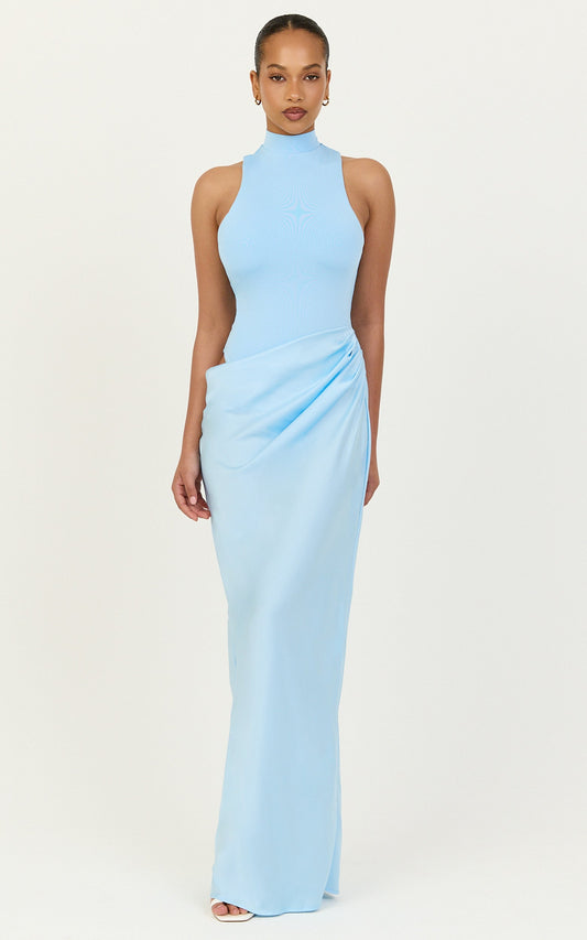 Elodie Maxi Dress - High Neck Draped Overlay Dress in Light Blue