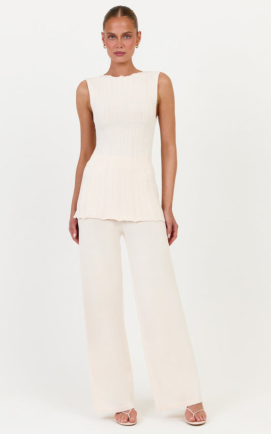 Elodie Zweiteiler-Set – Geripptes Strick-Top und Hosen-Set in Off-White