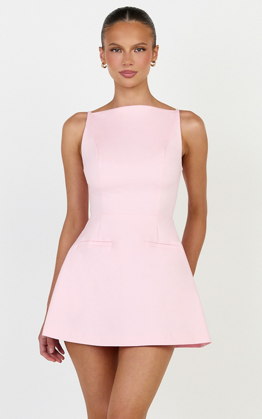 Eloise Playsuit - Straight Neck Fit And Flare Playsuit in Pink