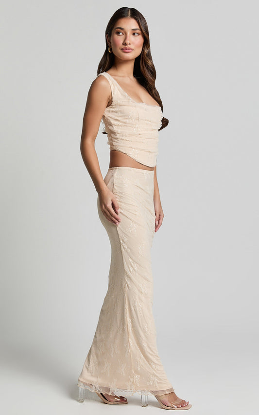 Eloise Two Piece Set - Lace Up Back Corset Top and Slip Skirt Lace Set in Champagne