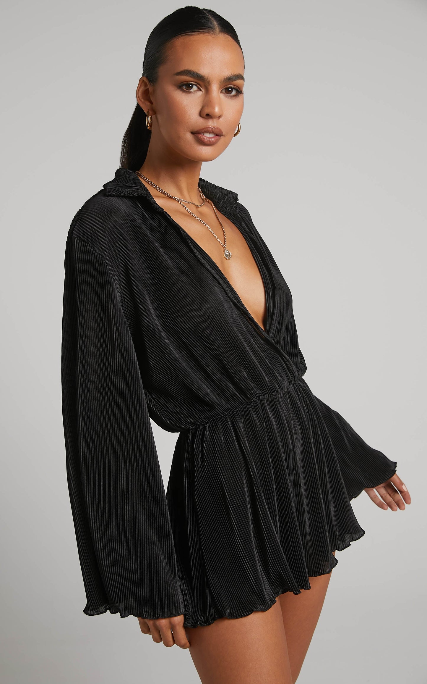 Elowen Playsuit - Plisse Collared Long Sleeve Playsuit in Black