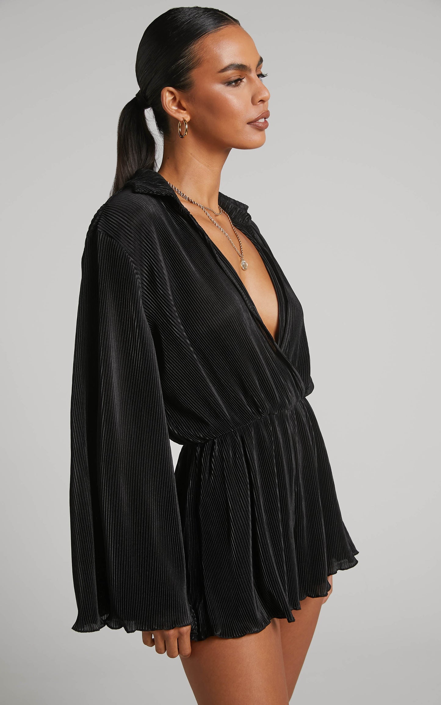 Elowen Playsuit - Plisse Collared Long Sleeve Playsuit in Black