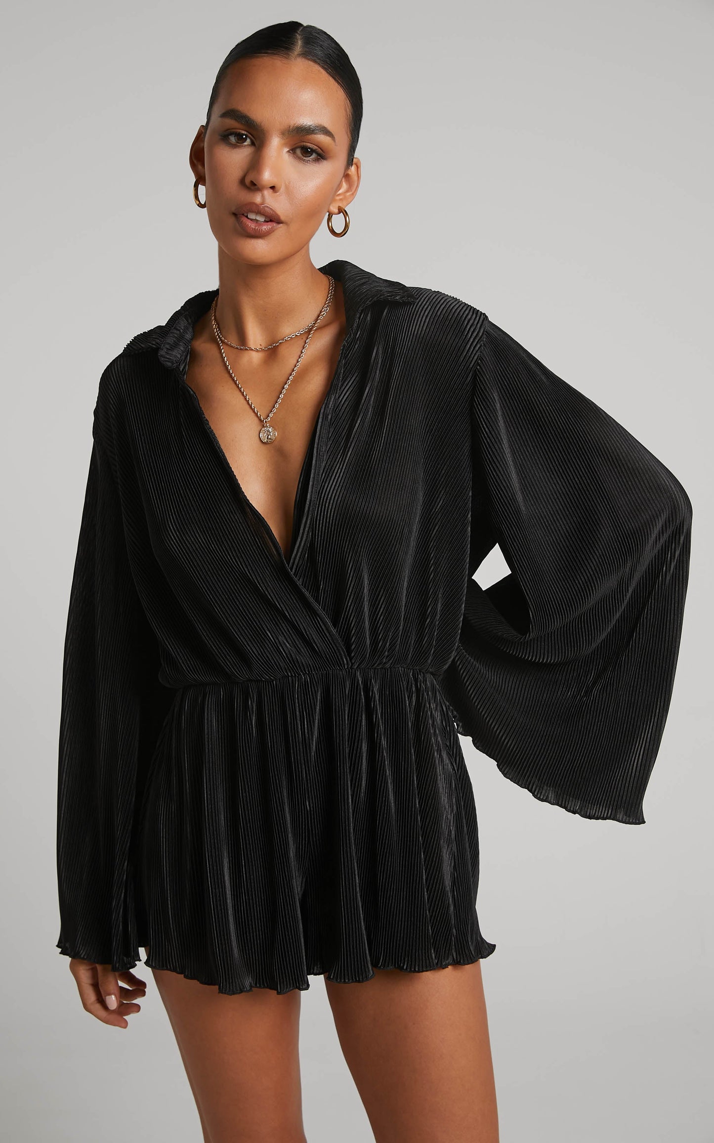 Elowen Playsuit - Plisse Collared Long Sleeve Playsuit in Black