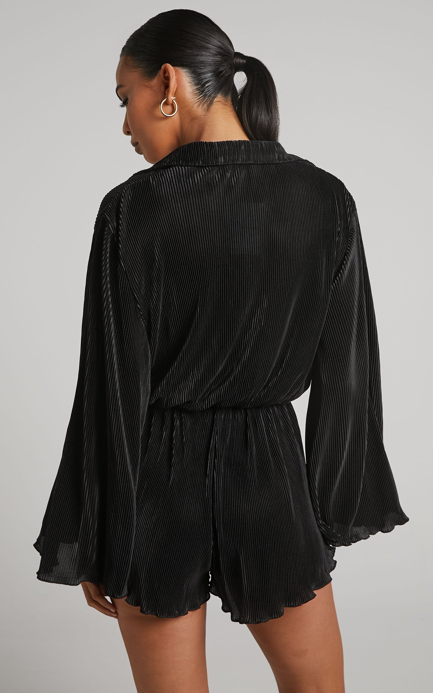 Elowen Playsuit - Plisse Collared Long Sleeve Playsuit in Black