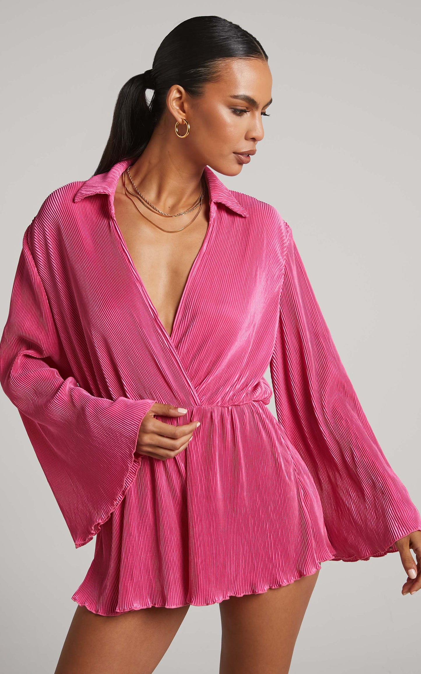 Elowen Playsuit - Plisse Collared Long Sleeve Playsuit in Pink