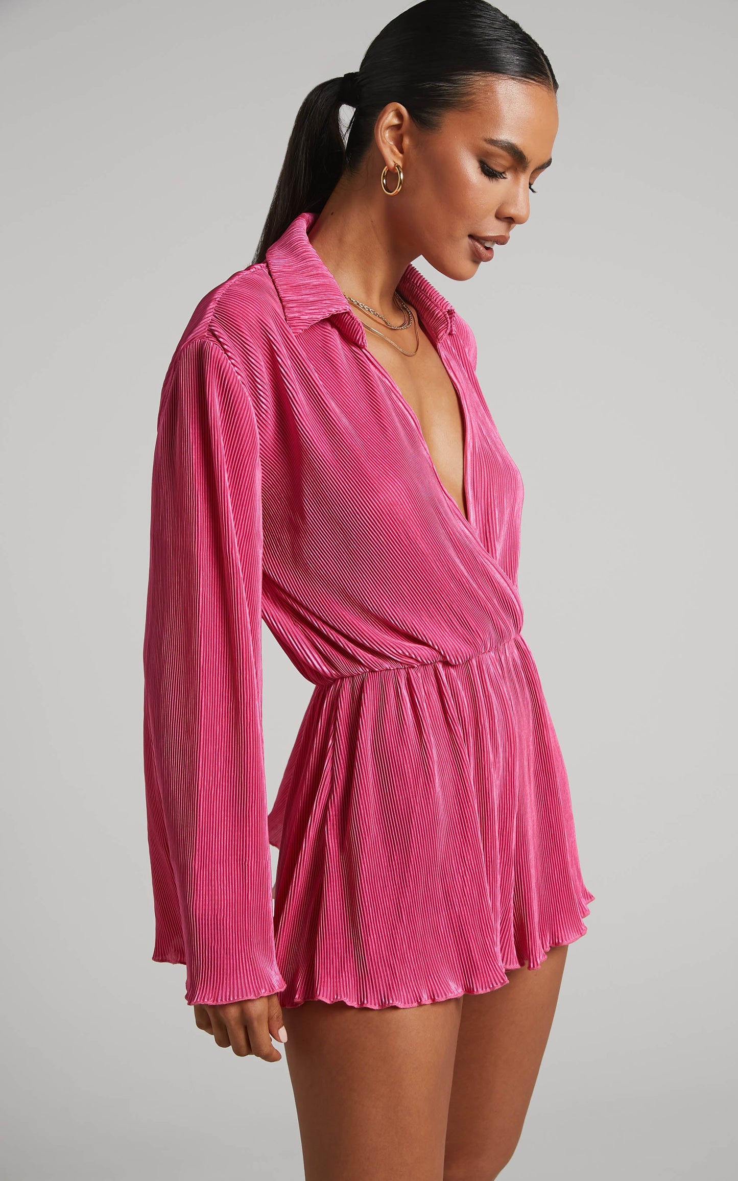 Elowen Playsuit - Plisse Collared Long Sleeve Playsuit in Pink