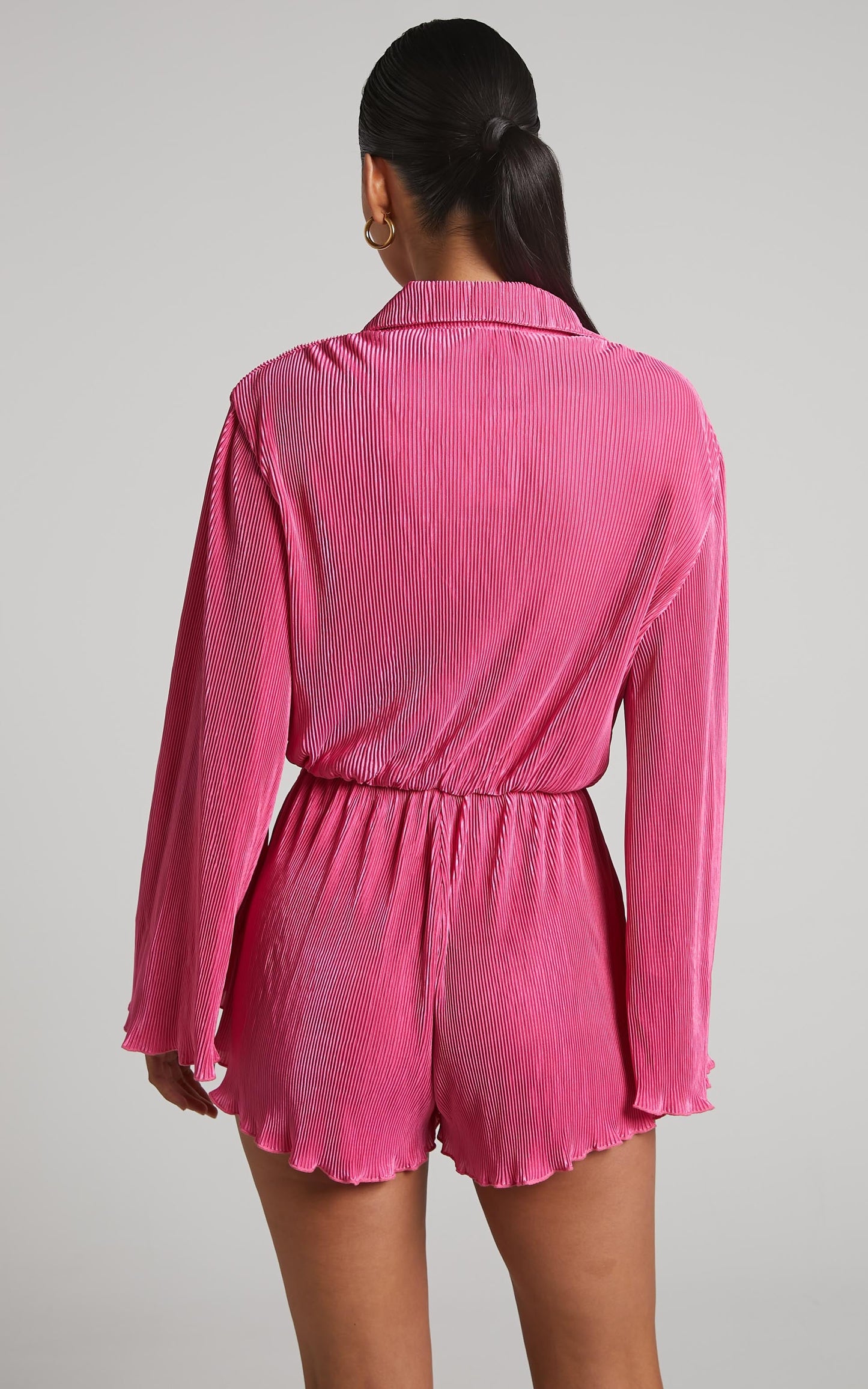 Elowen Playsuit - Plisse Collared Long Sleeve Playsuit in Pink