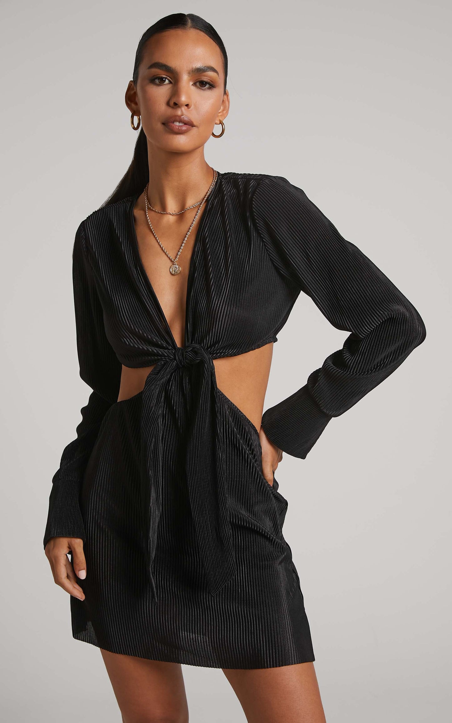 Elowen Mini Dress - Plisse Long Sleeve Tie Front Dress in Black