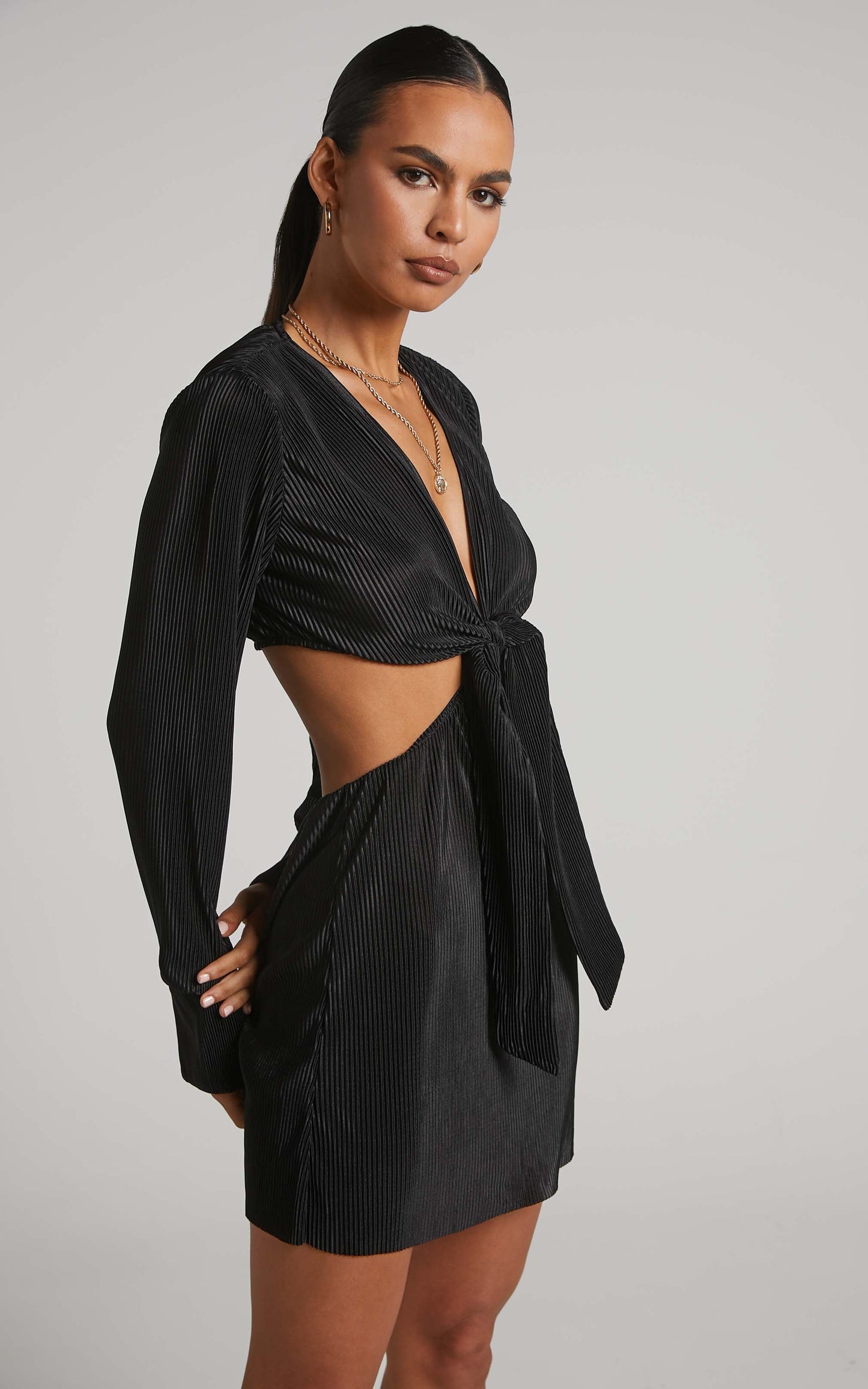 Elowen Mini Dress - Plisse Long Sleeve Tie Front Dress in Black