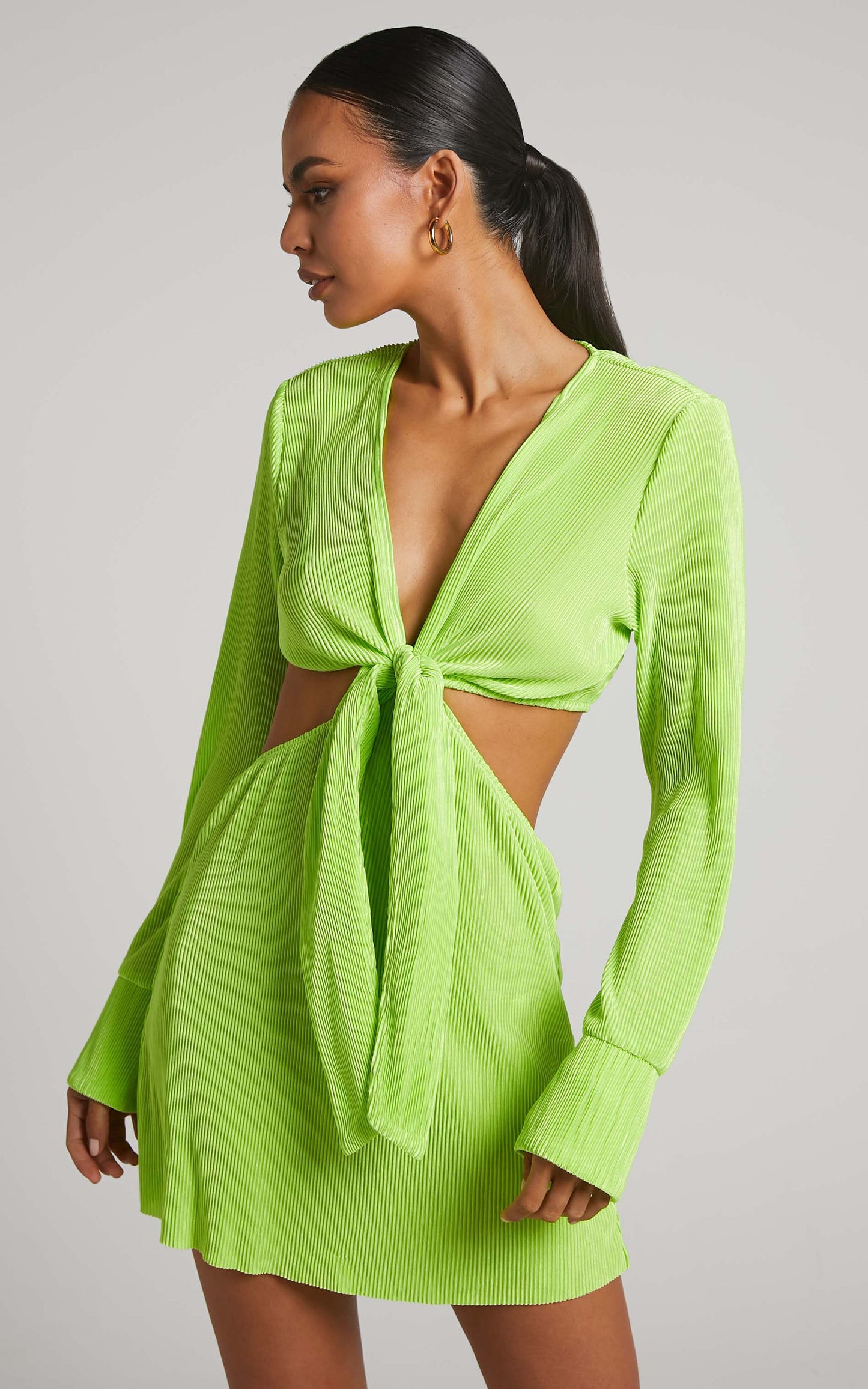 Elowen Mini Dress - Plisse Long Sleeve Tie Front Dress in Lime
