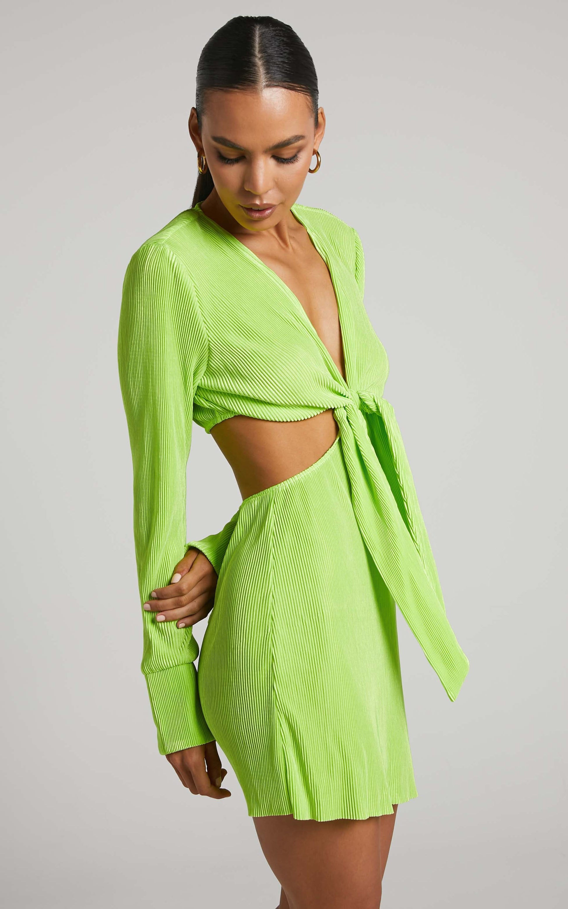 Elowen Mini Dress - Plisse Long Sleeve Tie Front Dress in Lime
