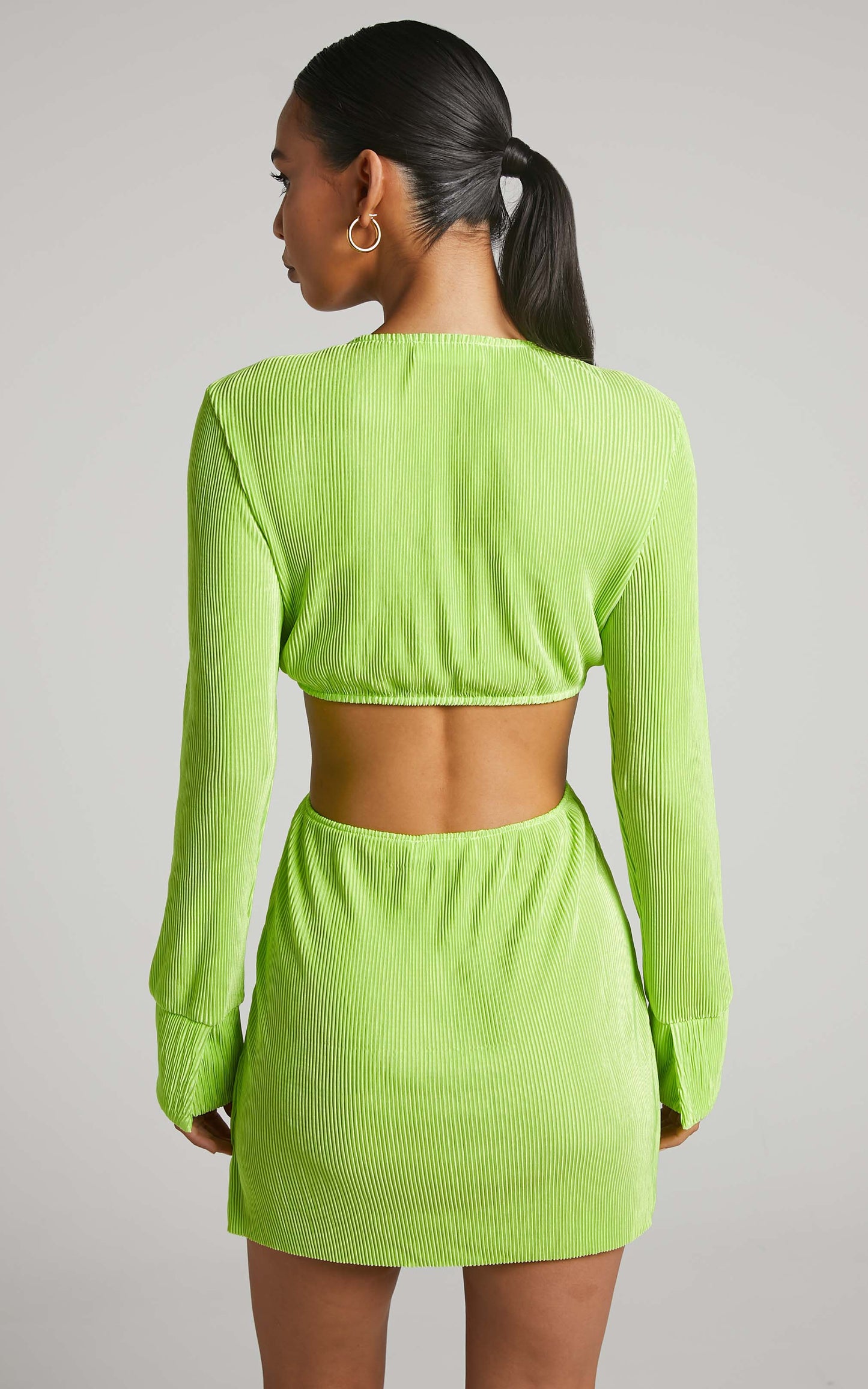 Elowen Mini Dress - Plisse Long Sleeve Tie Front Dress in Lime