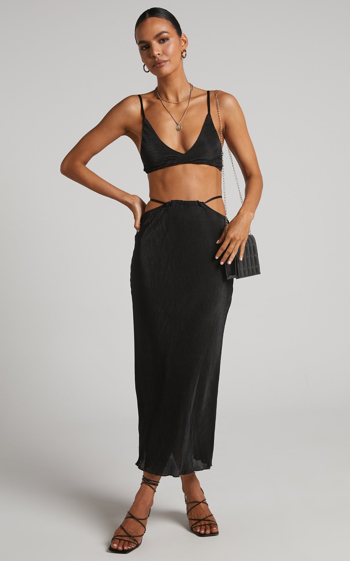 Elowen Two Piece Set - Plisse Twist Front Crop Top and Midi Skirt in Black