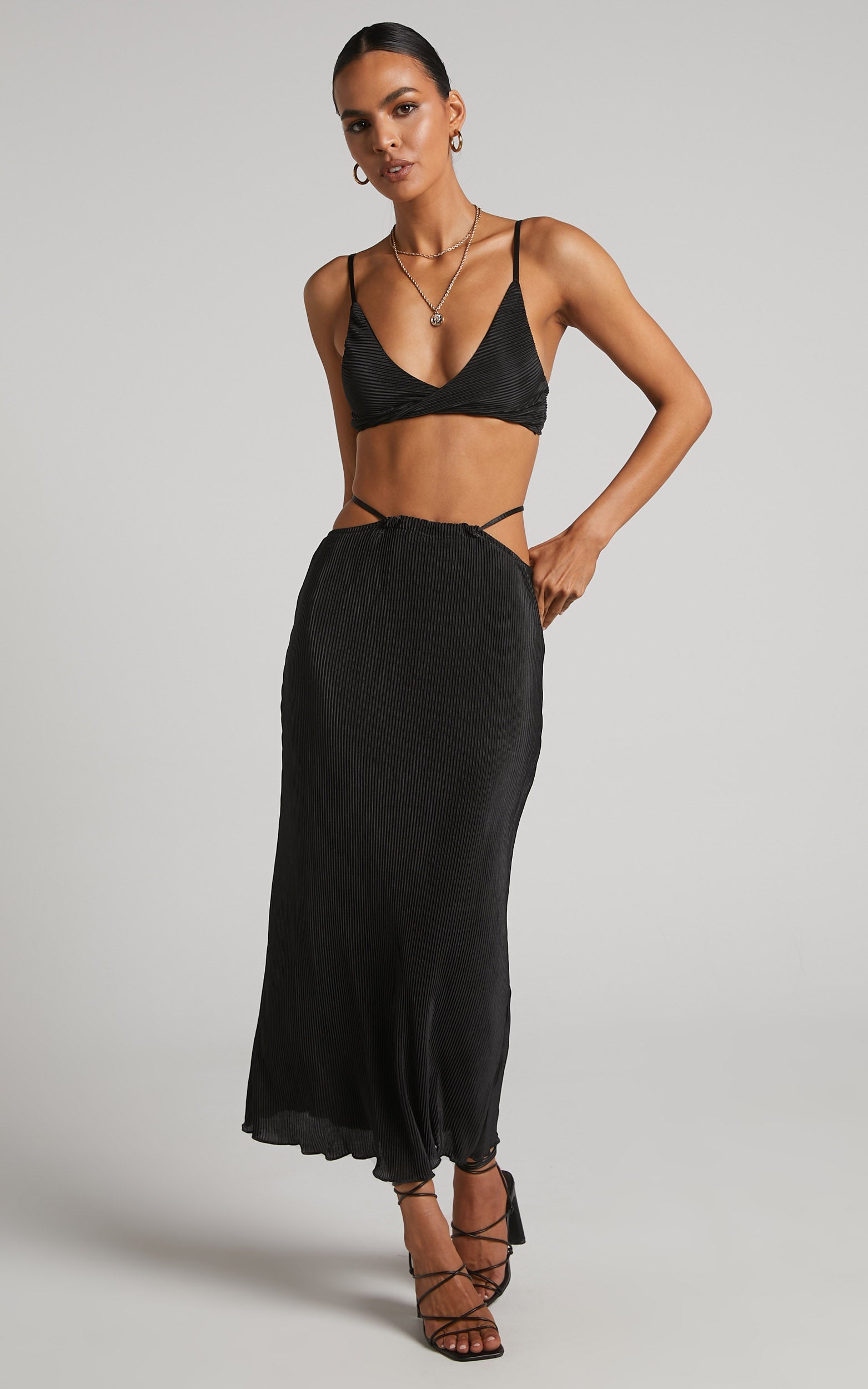 Elowen Two Piece Set - Plisse Twist Front Crop Top and Midi Skirt in Black