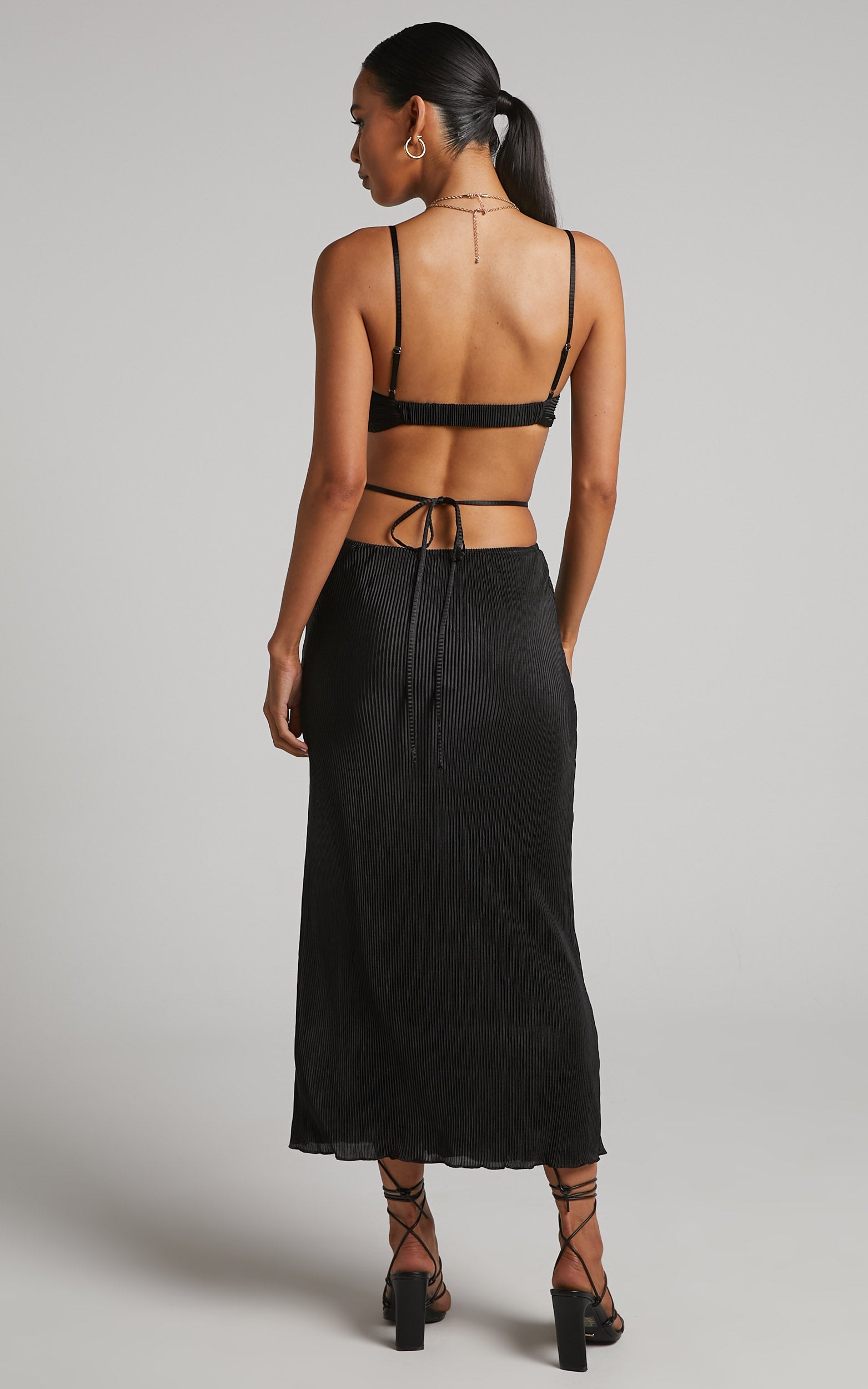 Elowen Two Piece Set - Plisse Twist Front Crop Top and Midi Skirt in Black