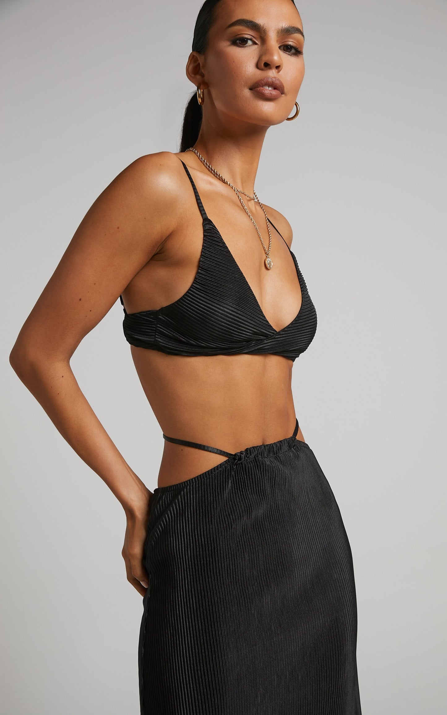 Elowen Two Piece Set - Plisse Twist Front Crop Top and Midi Skirt in Black