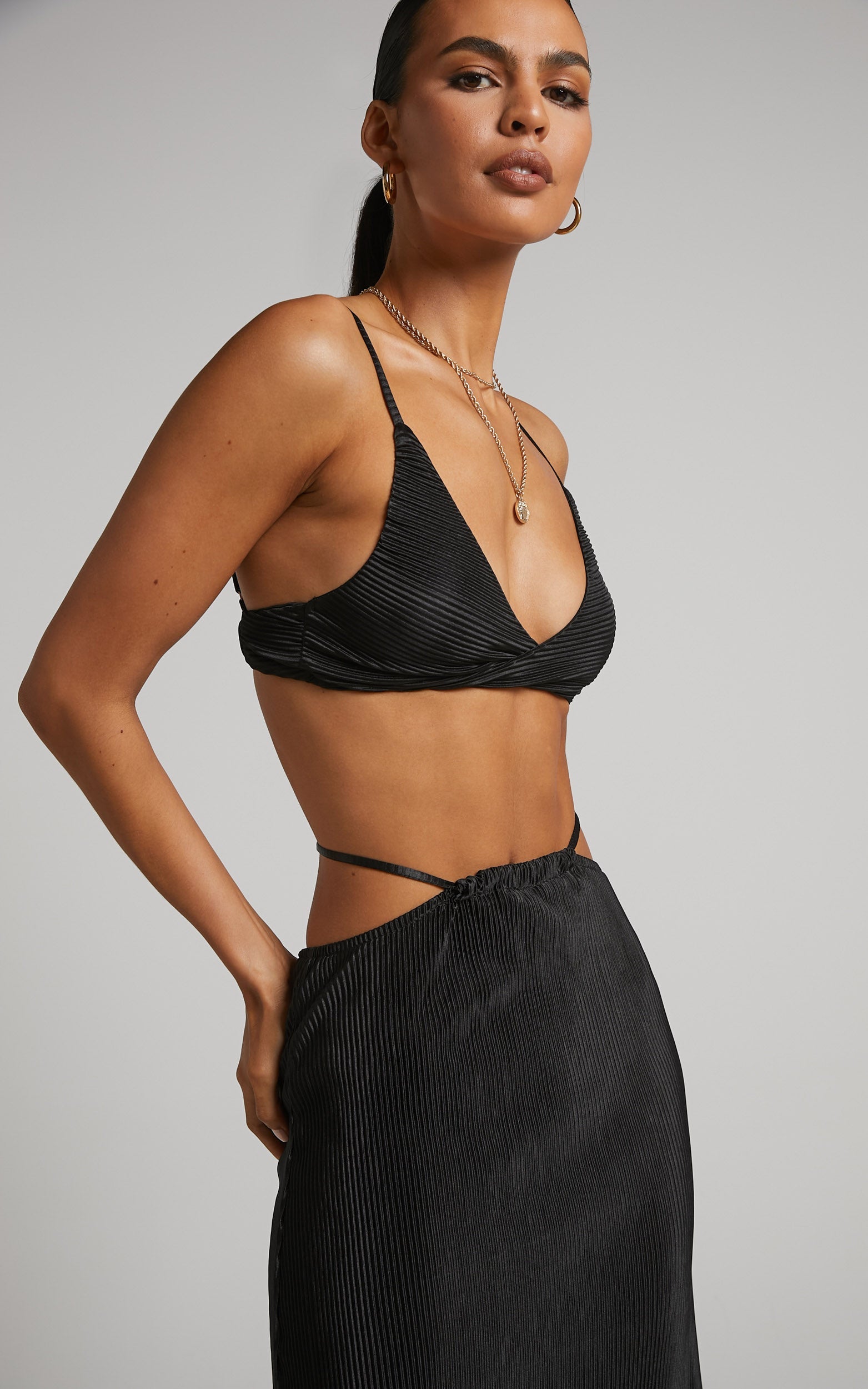 Elowen Two Piece Set - Plisse Twist Front Crop Top and Midi Skirt in Black