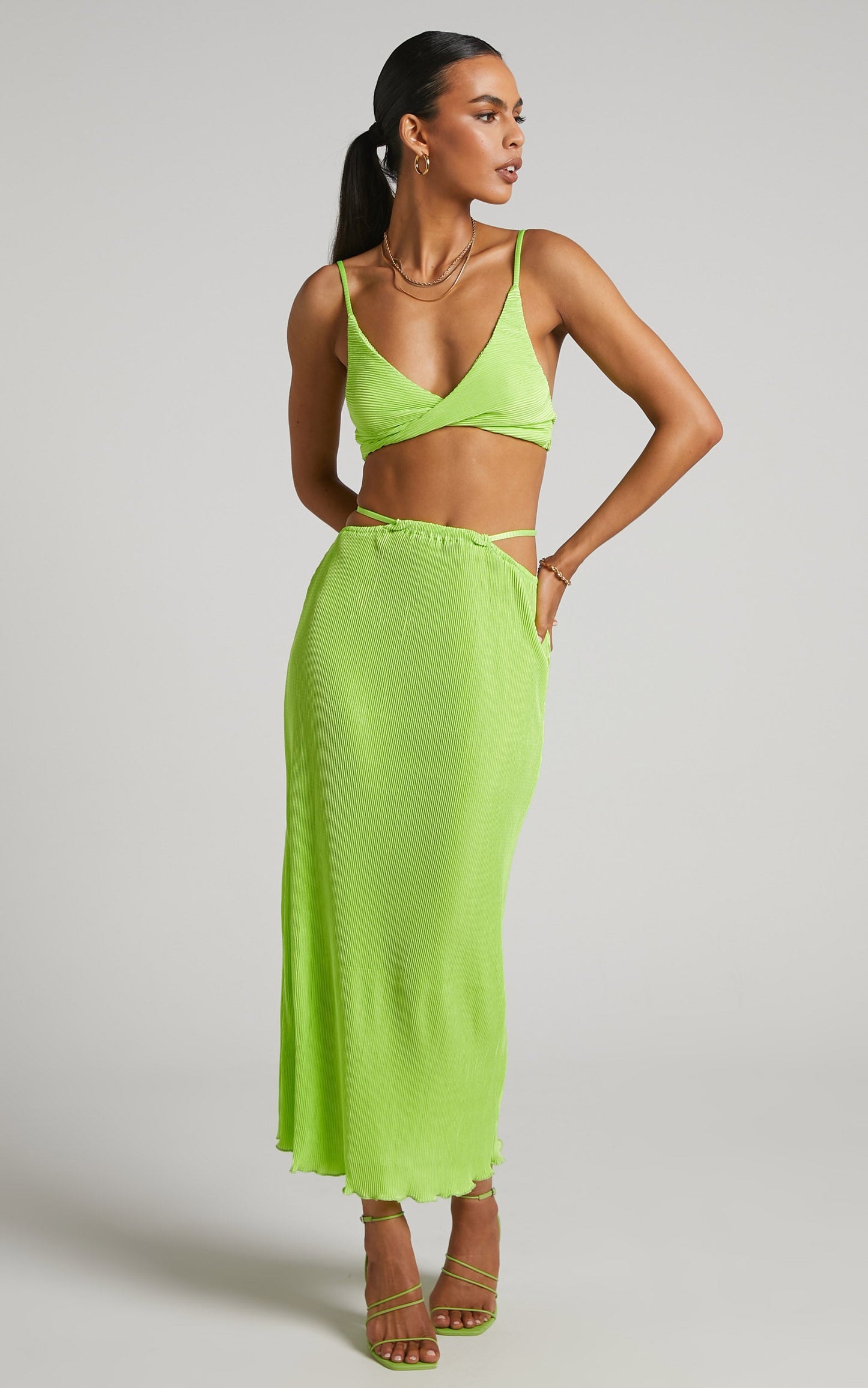 Elowen Two Piece Set - Plisse Twist Front Crop Top and Midi Skirt in Lime