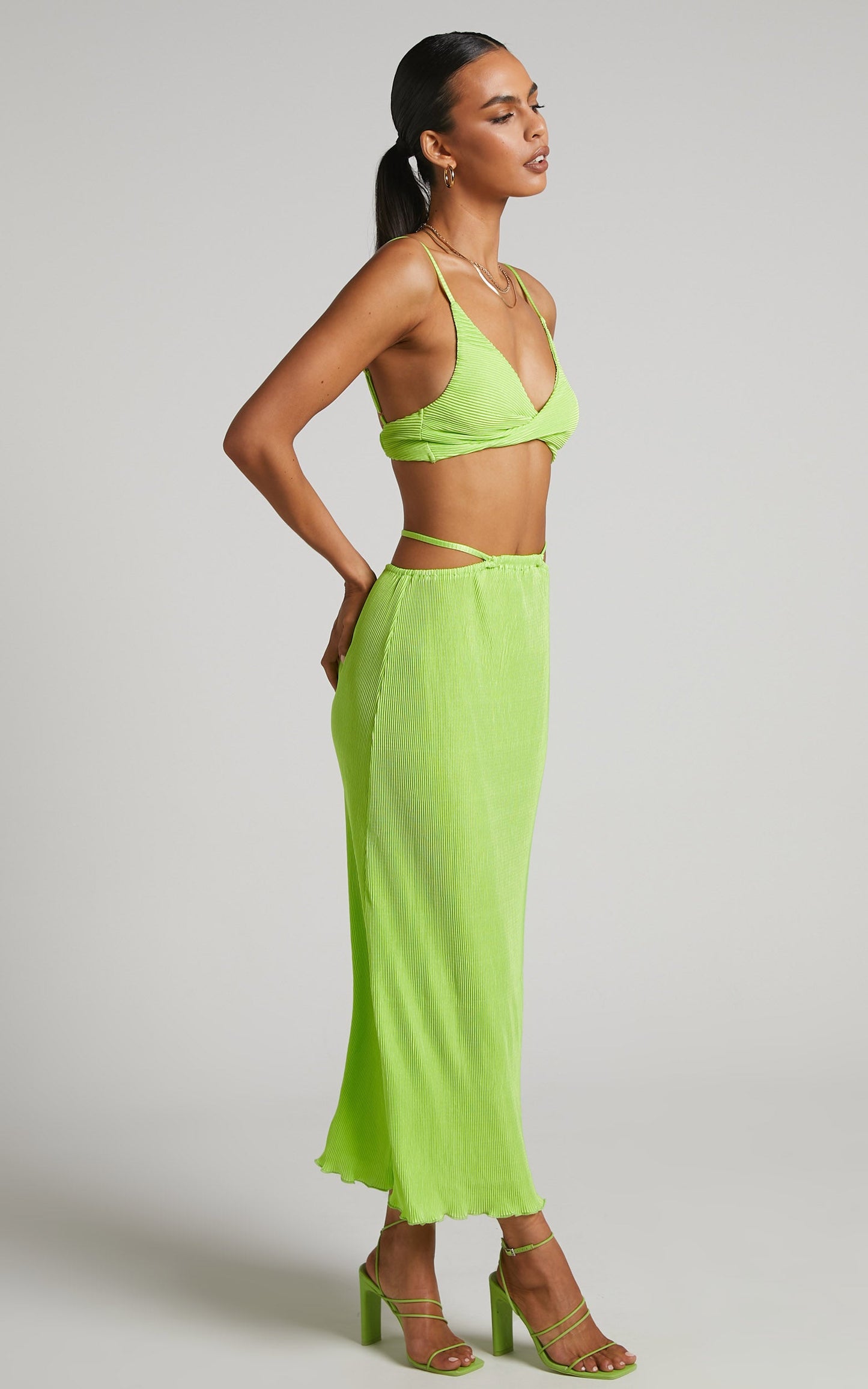 Elowen Two Piece Set - Plisse Twist Front Crop Top and Midi Skirt in Lime
