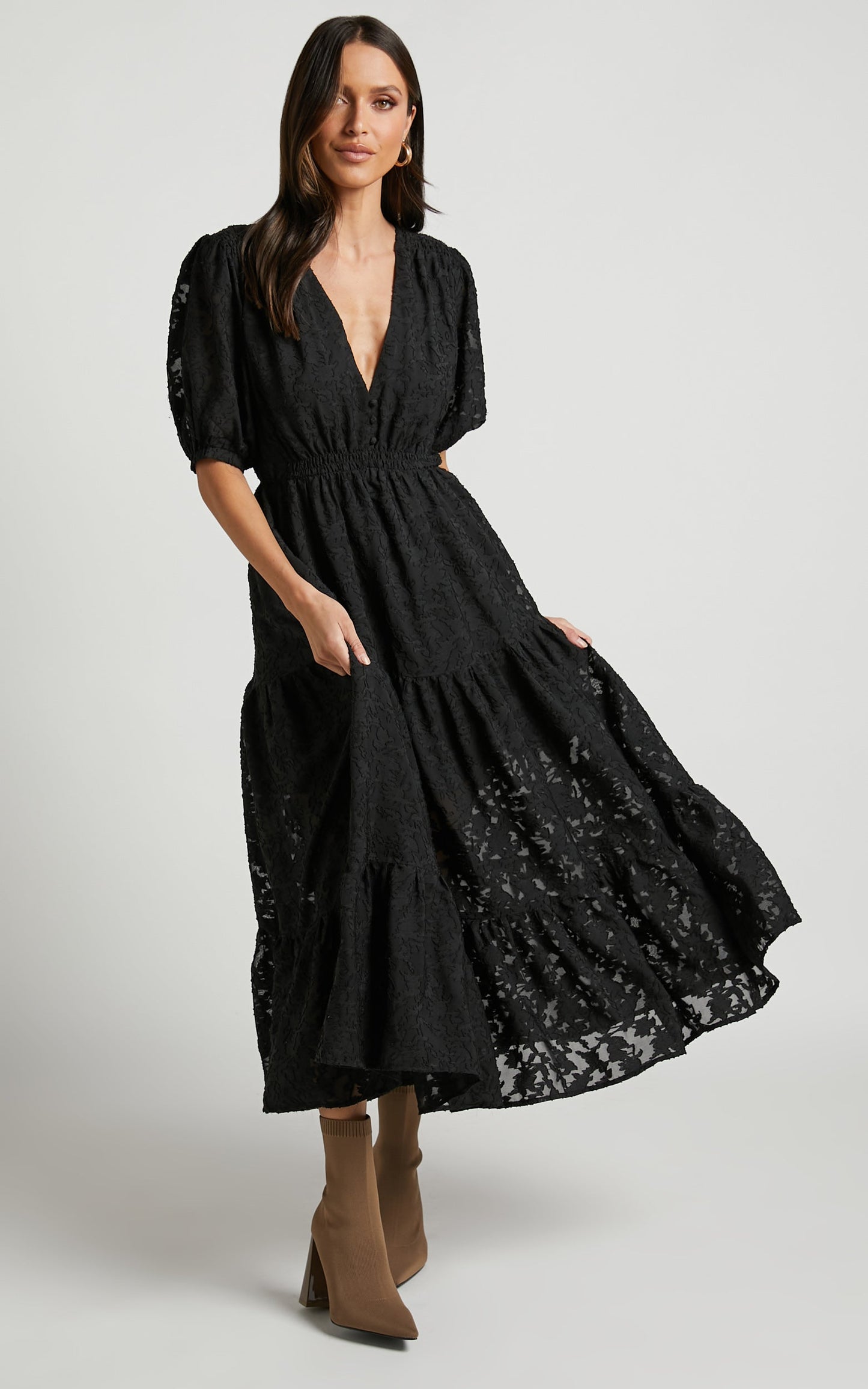Elpina Midi Dress - Button Through Tiered Shirt Dress in Black