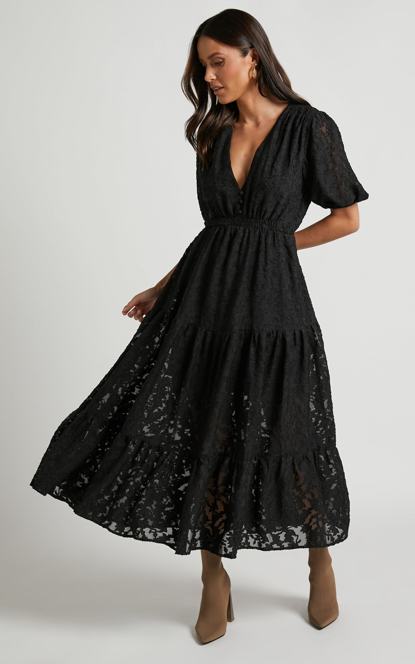 Elpina Midi Dress - Button Through Tiered Shirt Dress in Black