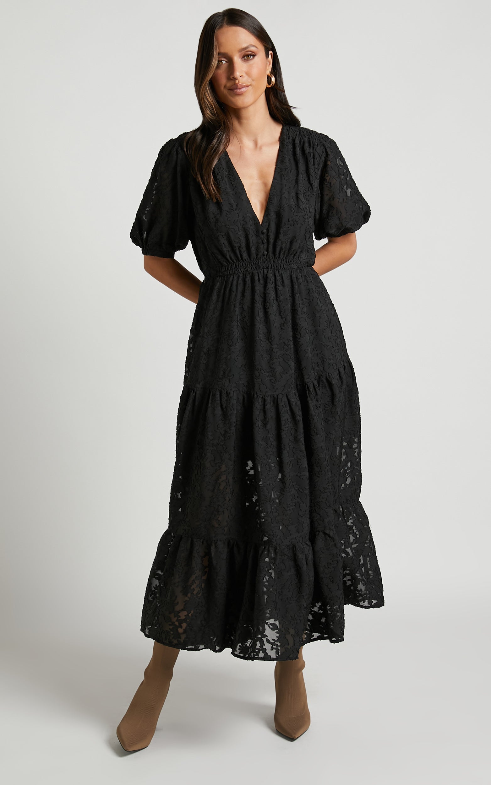 Elpina Midi Dress - Button Through Tiered Shirt Dress in Black
