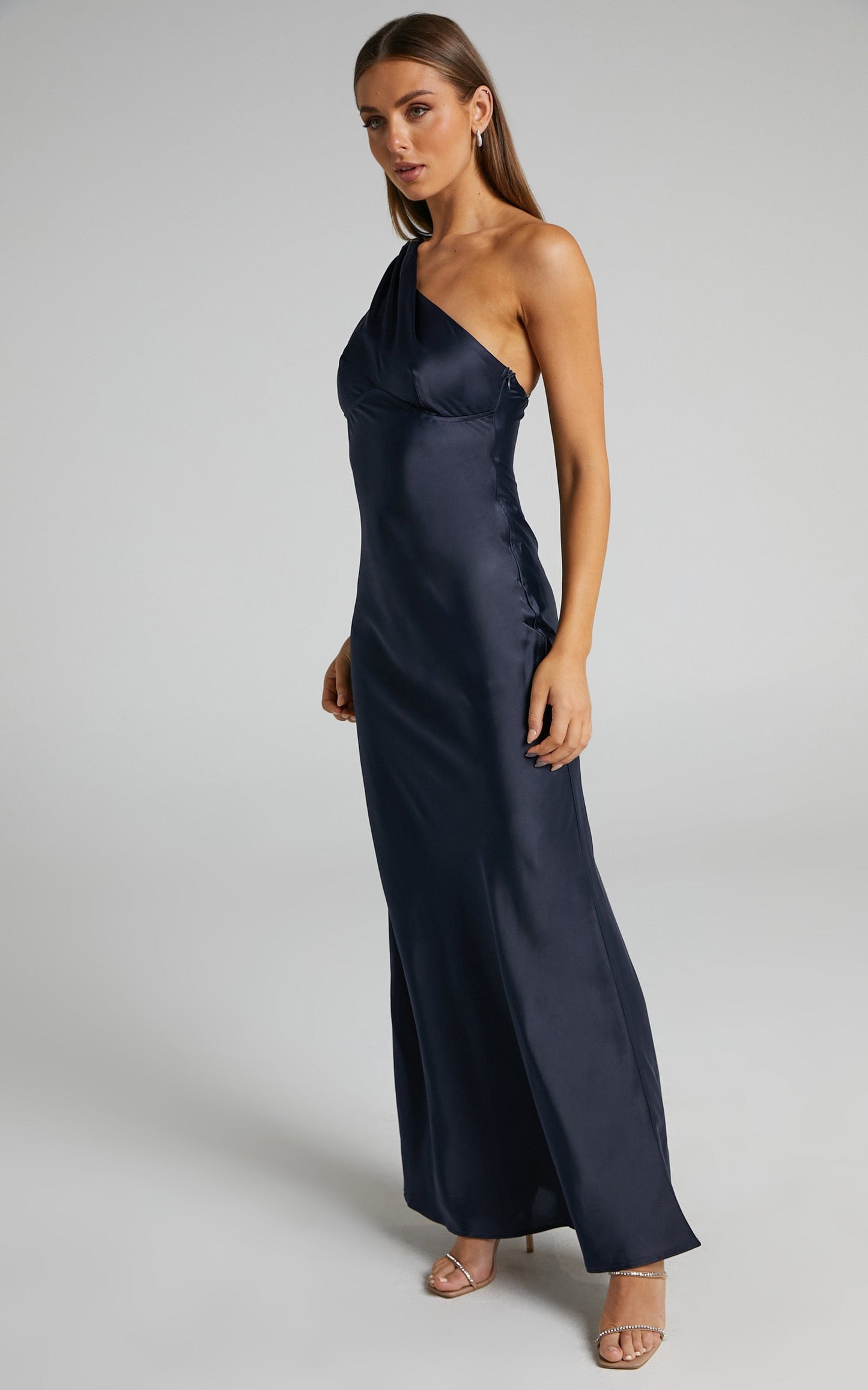 Elzales Midi Dress - One Shoulder Beaded Strap Satin Dress in Navy