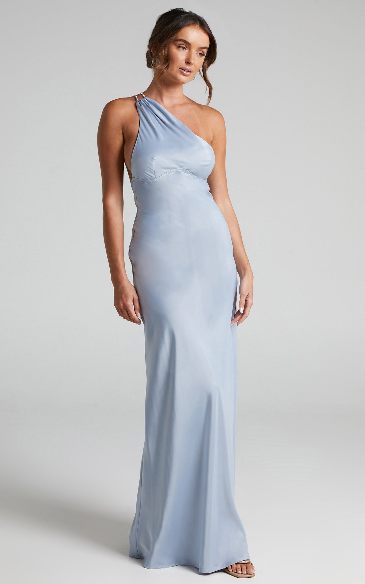 Elzales Midi Dress - One Shoulder Beaded Strap Satin Dress in Pale Blue