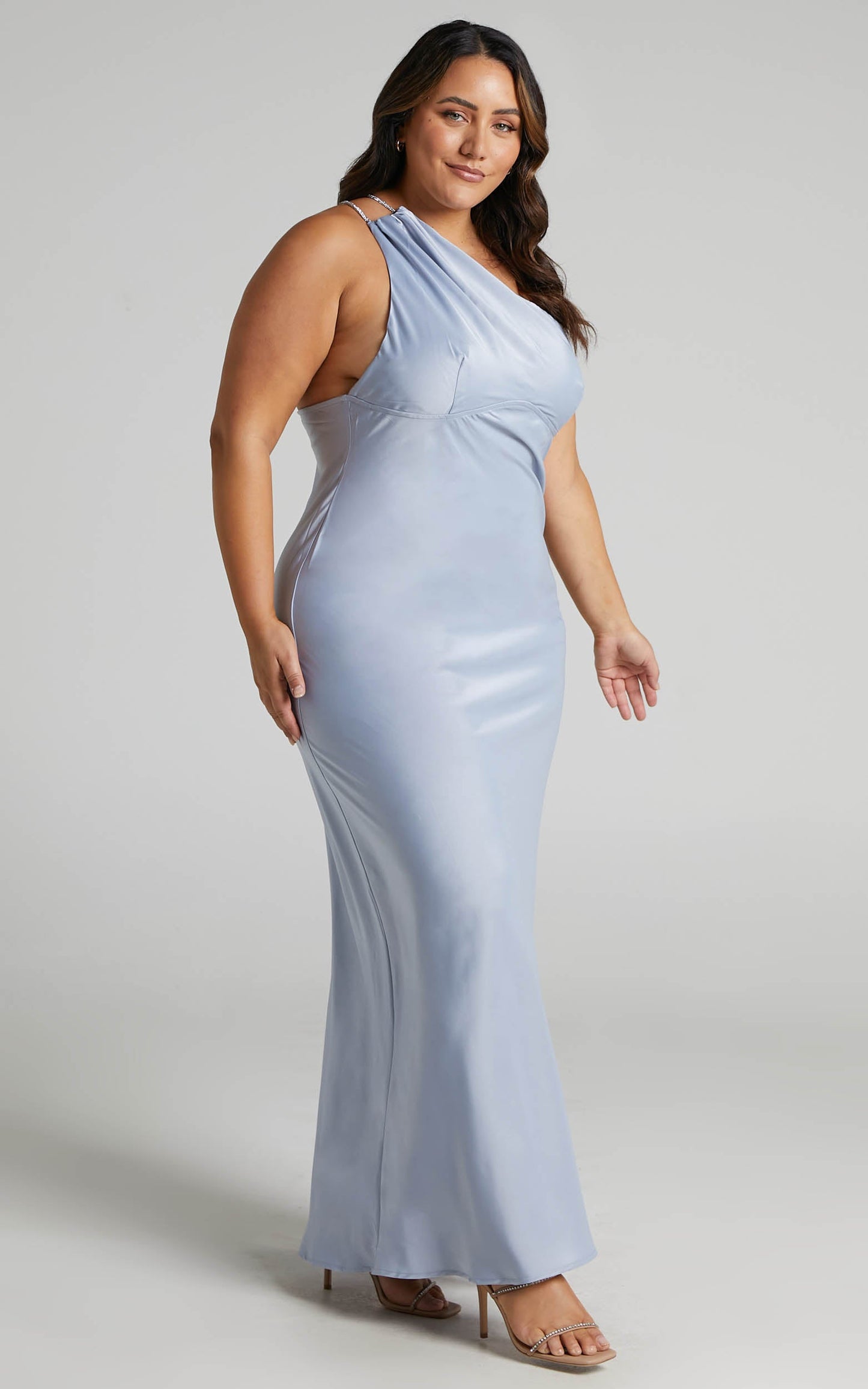 Elzales Midi Dress - One Shoulder Beaded Strap Satin Dress in Pale Blue