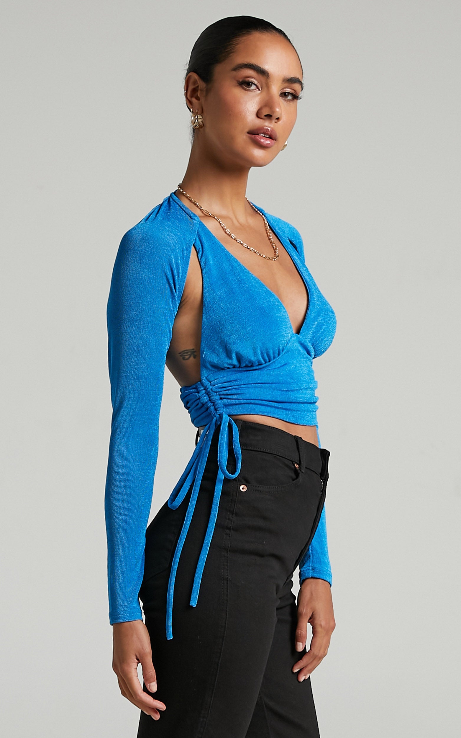Elzina Top - Open Back Long Sleeve Top in Blue