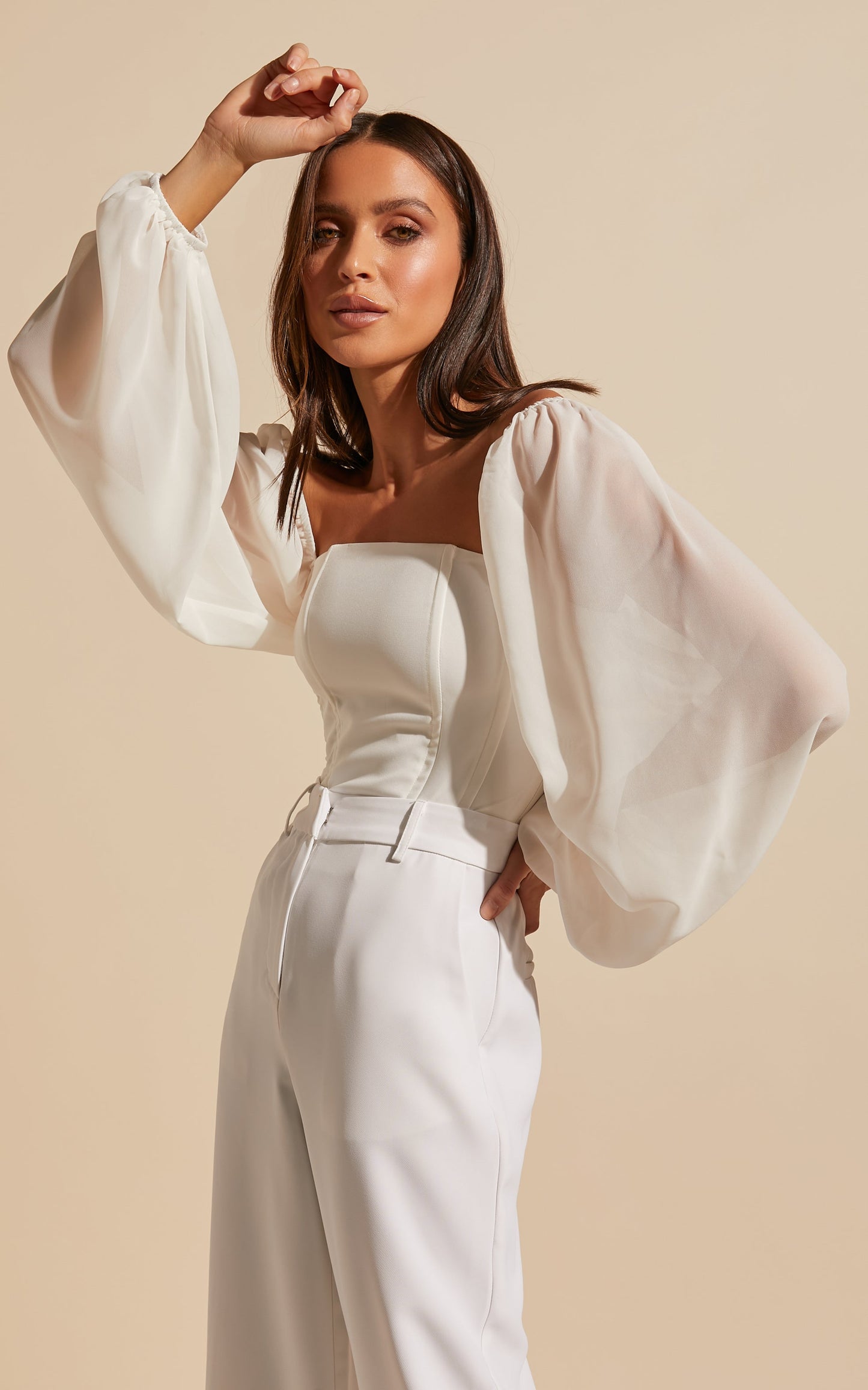 Emani Top - Long Blouson Sleeve Corset Top in White