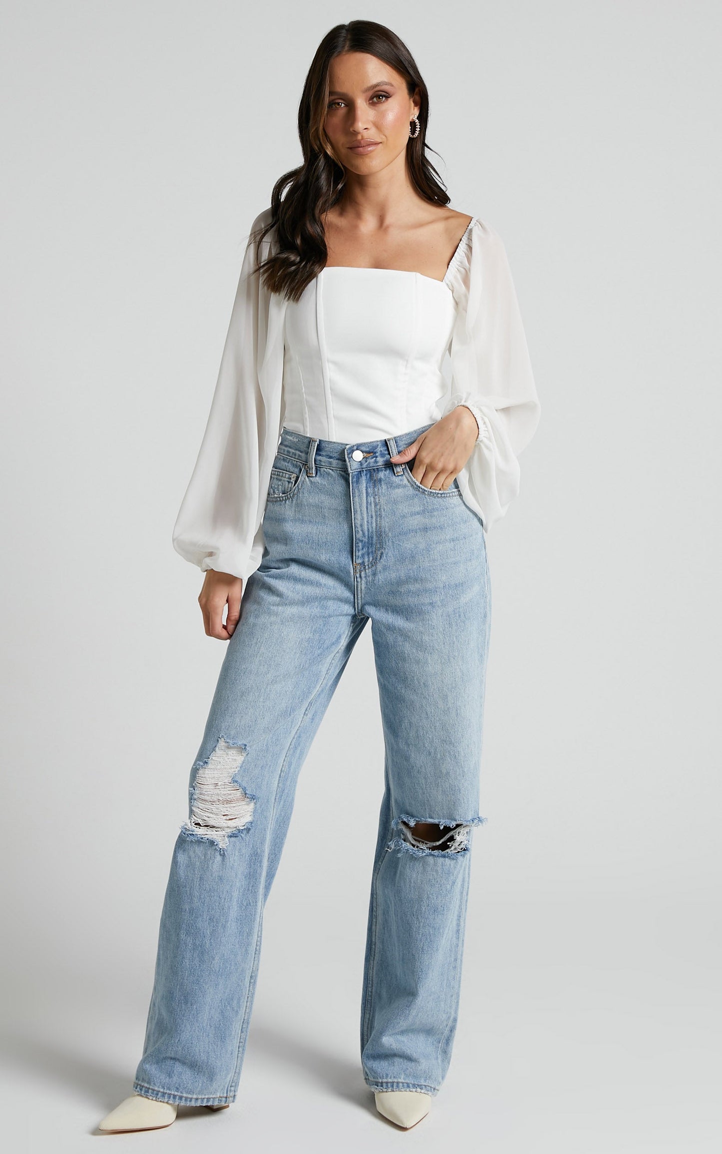Emani Top - Long Blouson Sleeve Corset Top in White