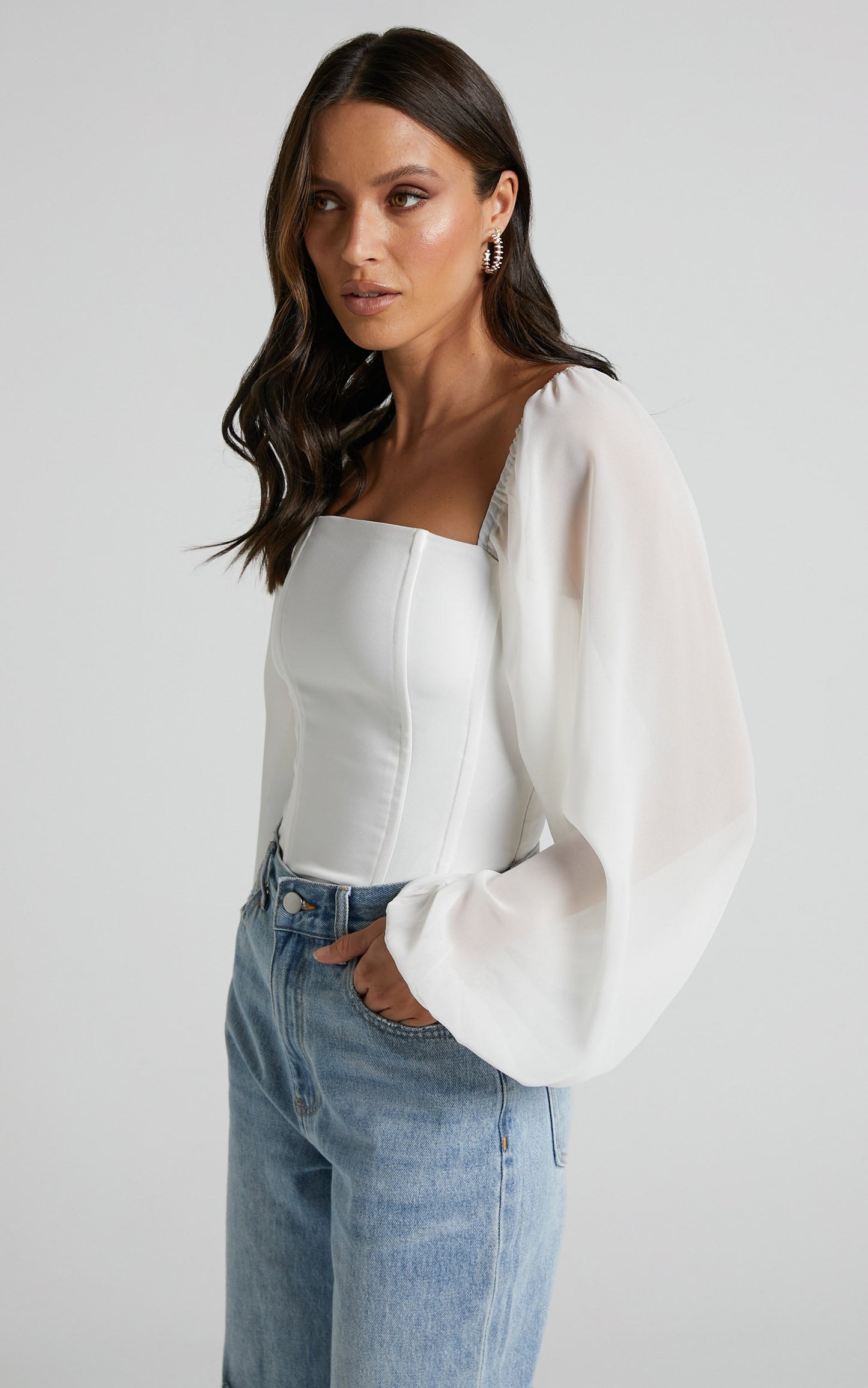 Emani Top - Long Blouson Sleeve Corset Top in White