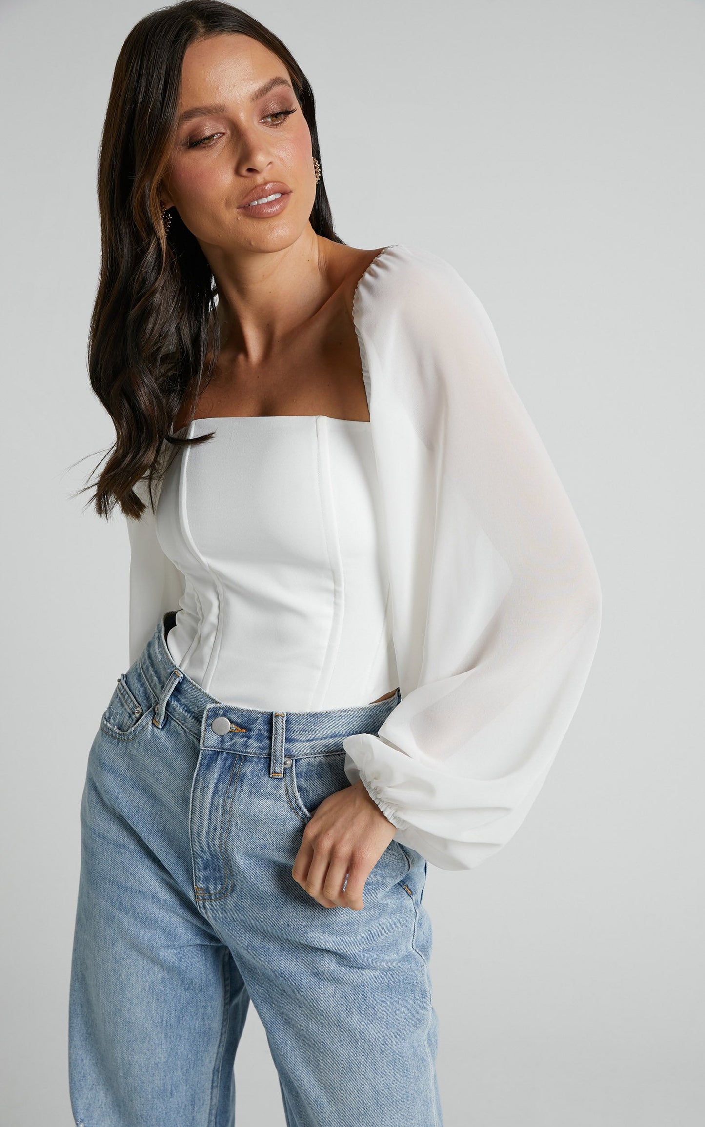 Emani Top - Long Blouson Sleeve Corset Top in White