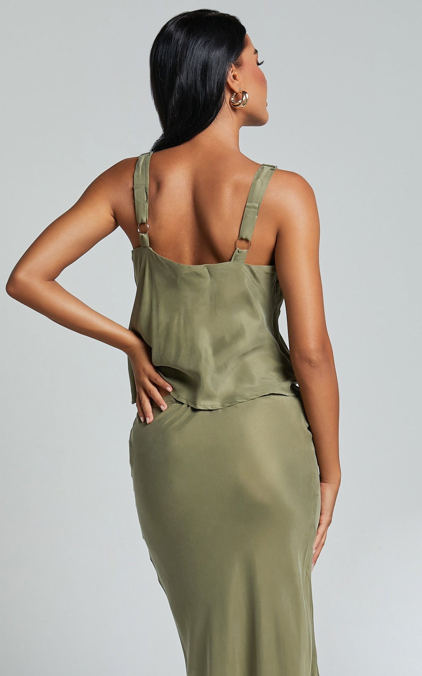 Emelia Top - Cupro V Neck Wide Strap Cami Top in Moss