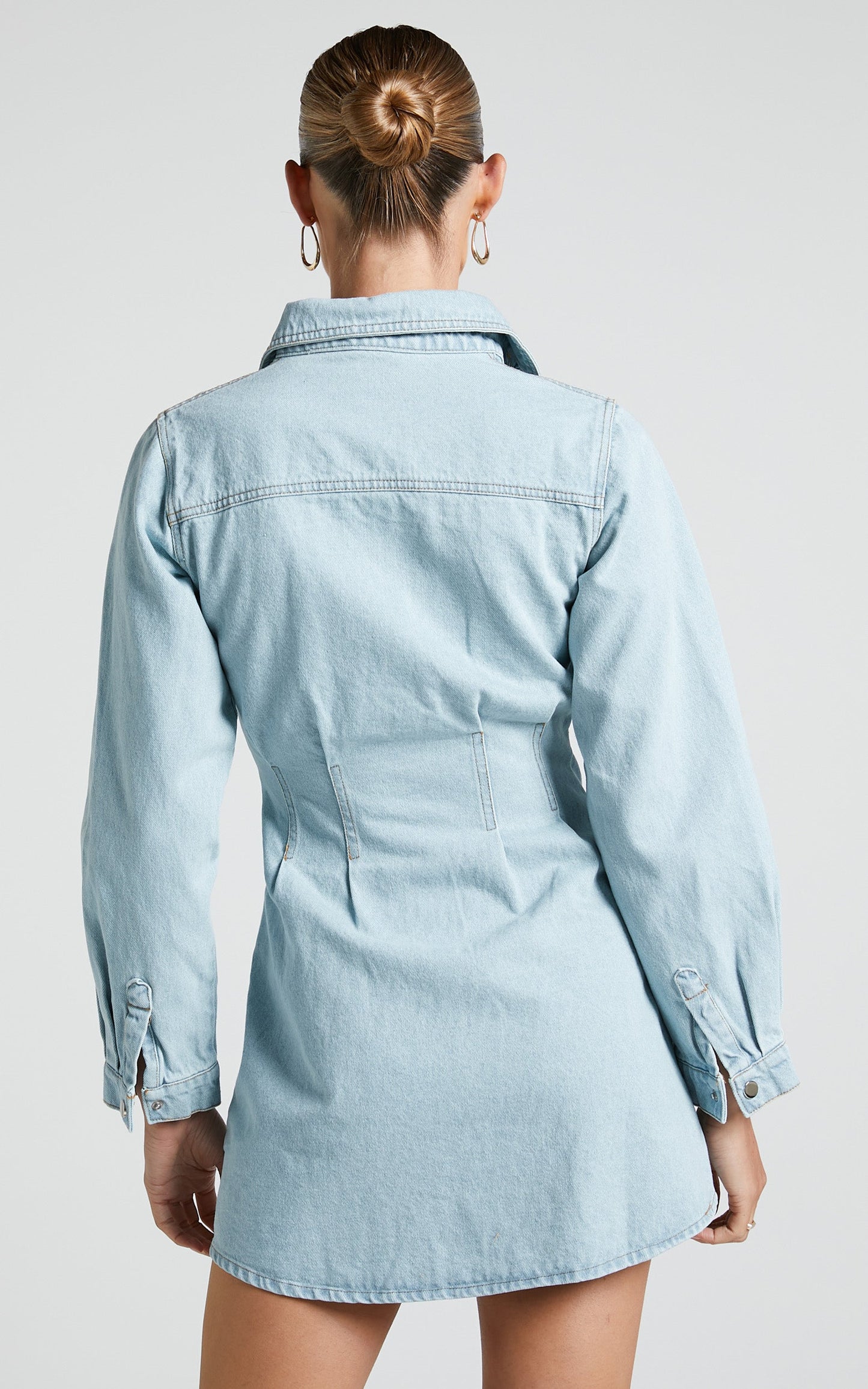 Emery Mini Dress - Denim Long Sleeve Button Up Dress in Light Wash