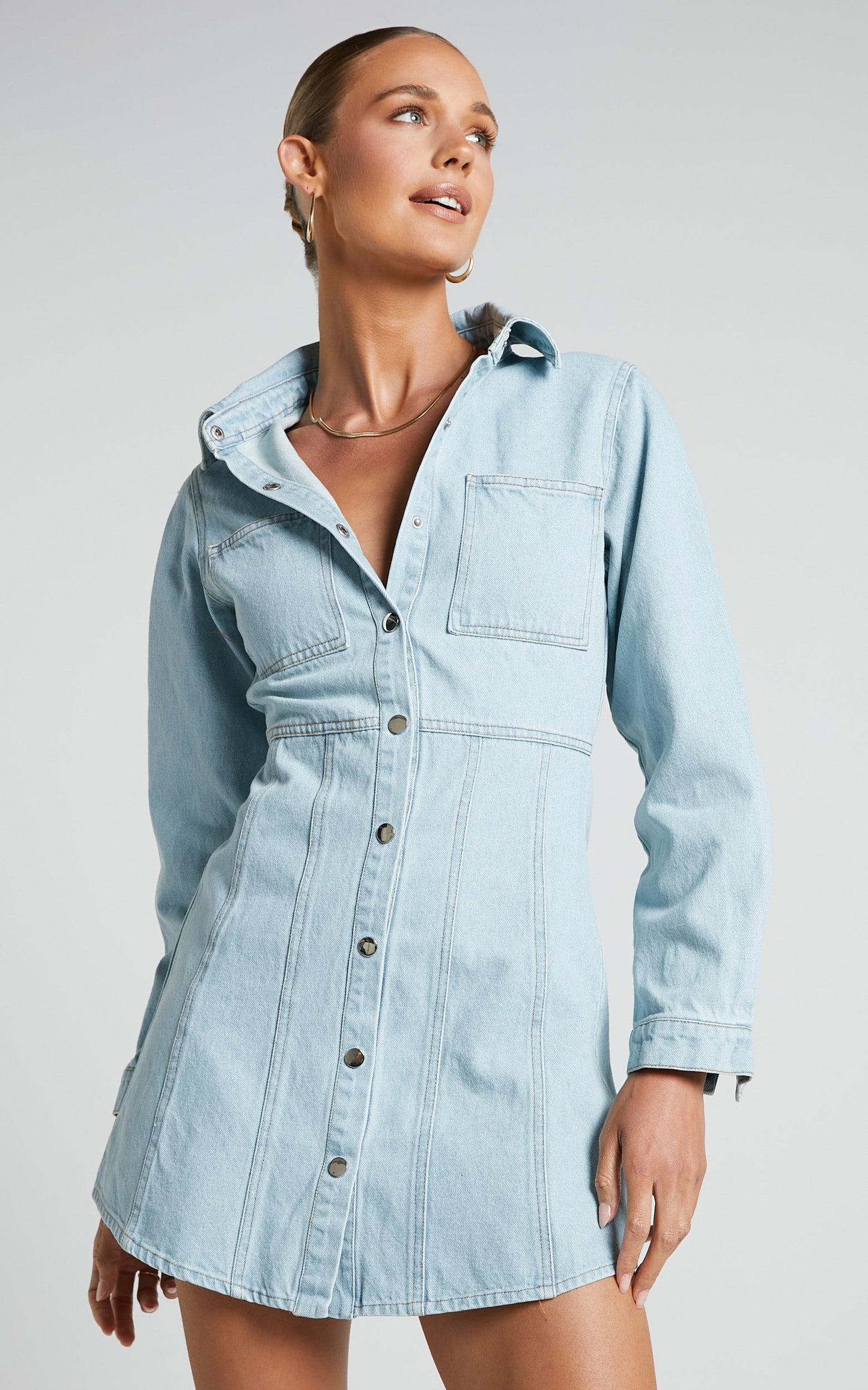 Emery Mini Dress - Denim Long Sleeve Button Up Dress in Light Wash