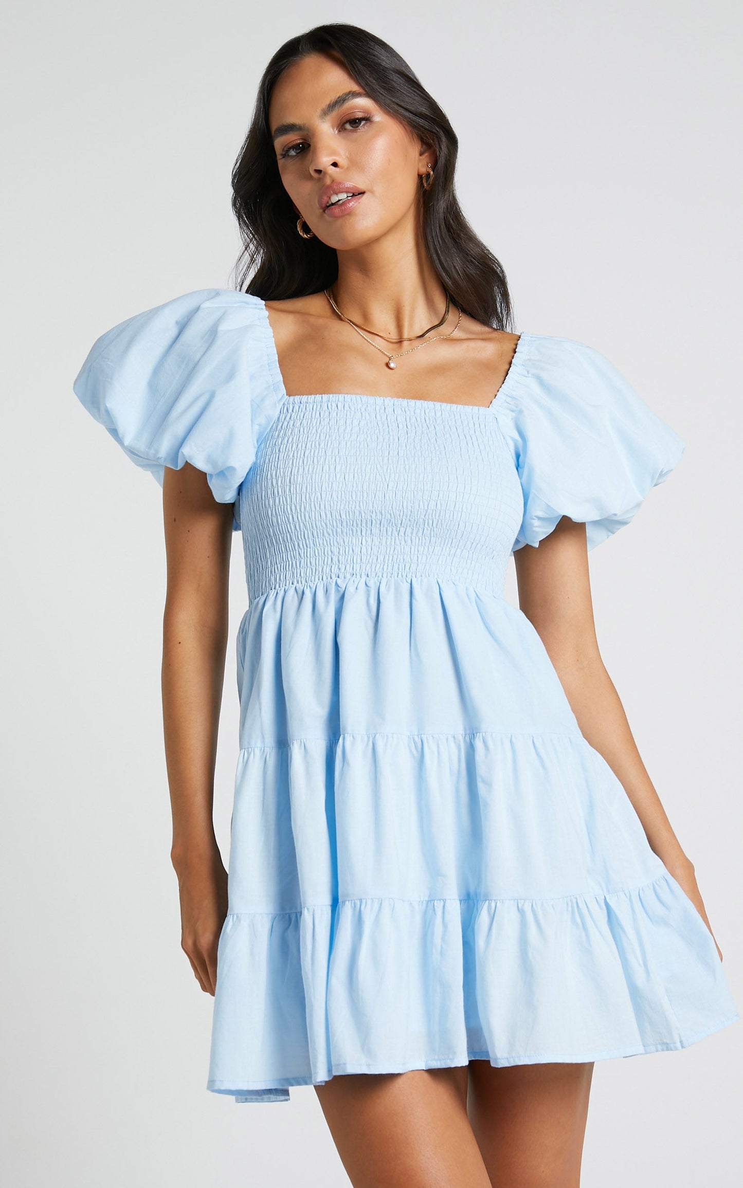 Emilia Mini Dress - Shirred Bodice Puff Sleeve Tiered Dress in Ice Blue