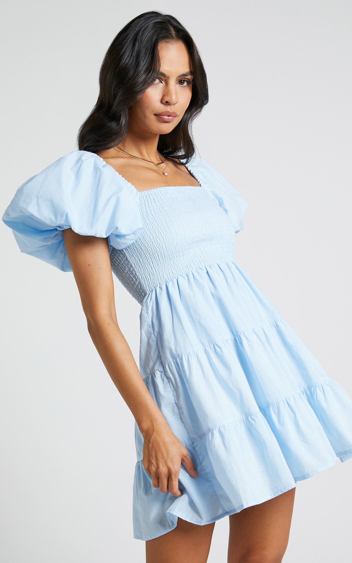 Emilia Mini Dress - Shirred Bodice Puff Sleeve Tiered Dress in Ice Blue