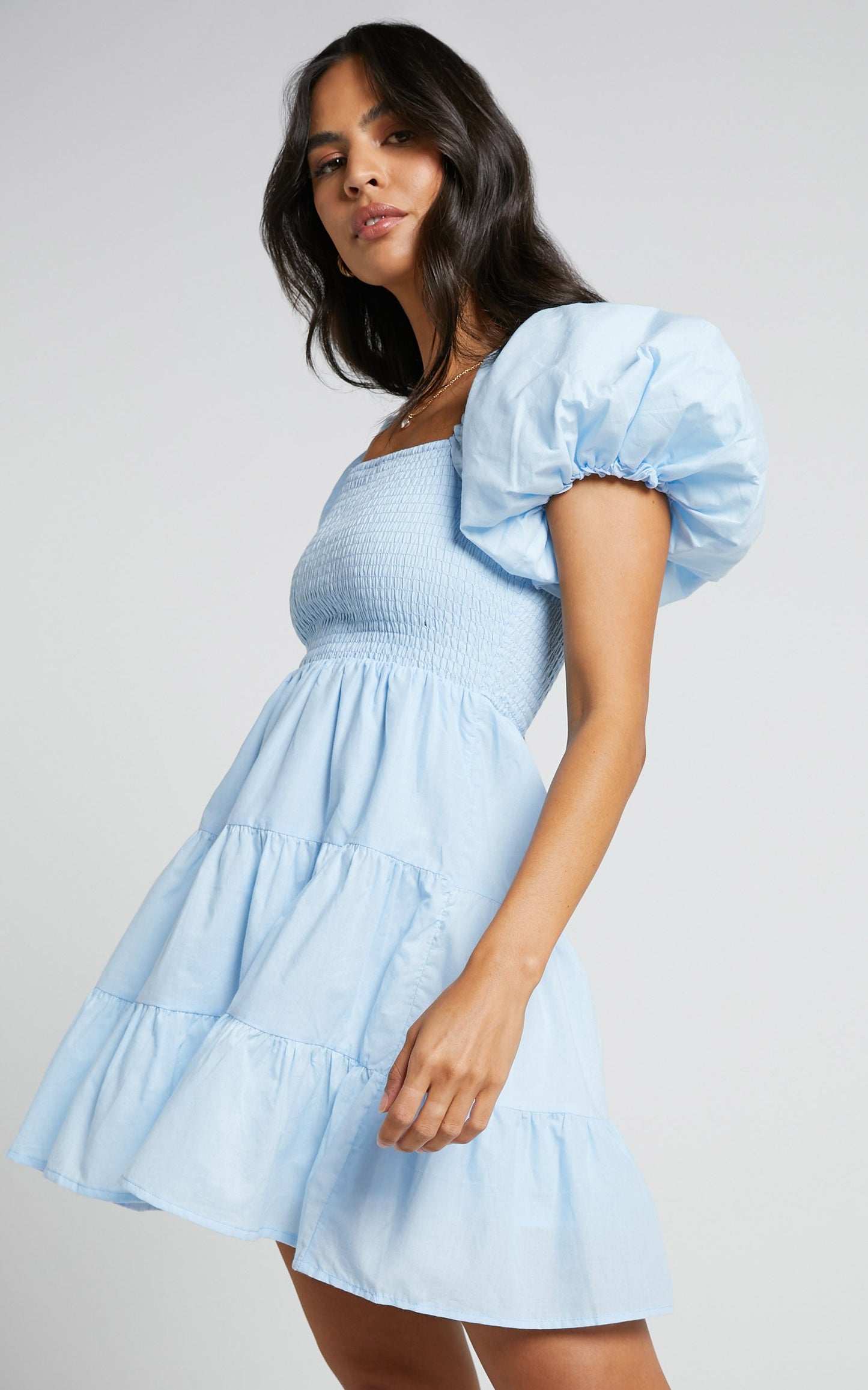 Emilia Mini Dress - Shirred Bodice Puff Sleeve Tiered Dress in Ice Blue