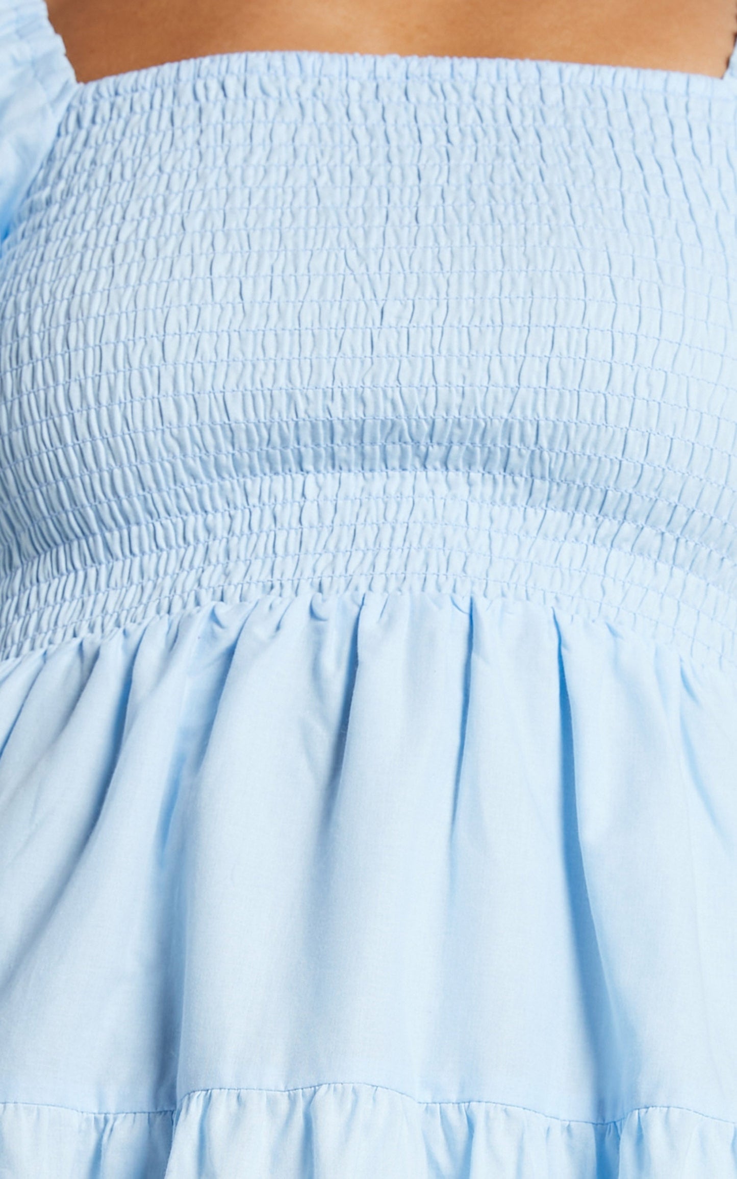 Emilia Mini Dress - Shirred Bodice Puff Sleeve Tiered Dress in Ice Blue