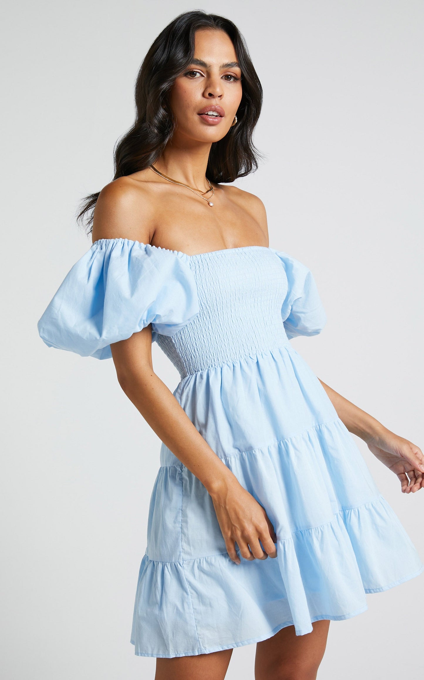 Emilia Mini Dress - Shirred Bodice Puff Sleeve Tiered Dress in Ice Blue