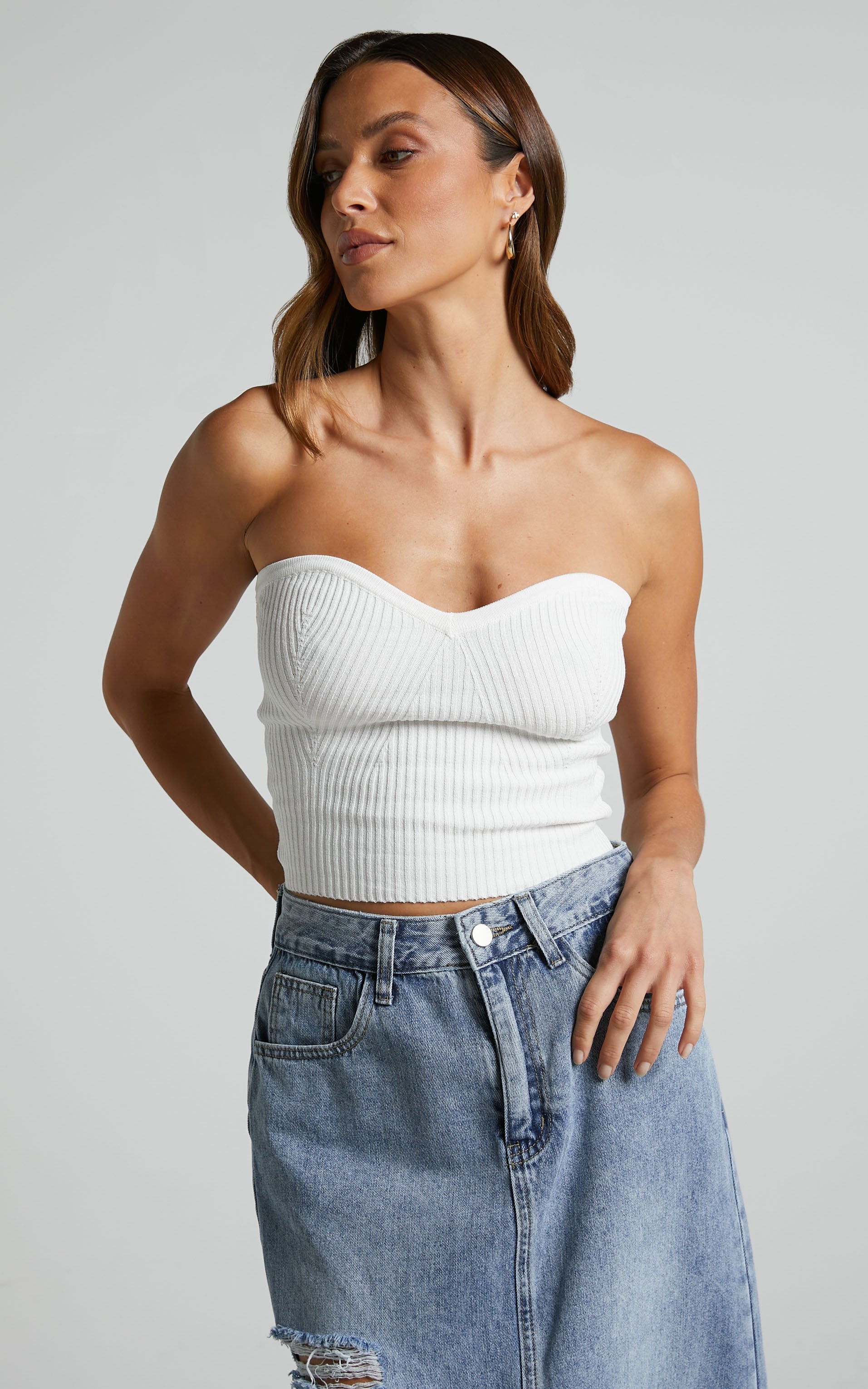 Emilia Top - Sweetheart Ribbed Knit Strapless Top in White