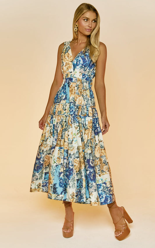 Emily Midi Dress - Plunge Tiered Midi in Patchwork Floral