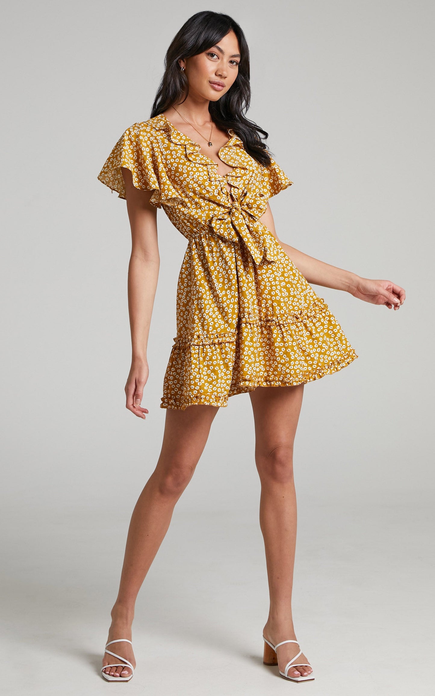 Emily Tie Front Frill Detail Mini Dress in Mustard Floral