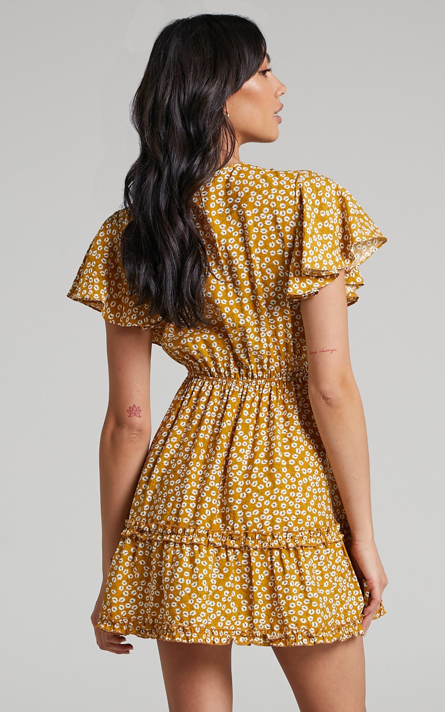 Emily Tie Front Frill Detail Mini Dress in Mustard Floral