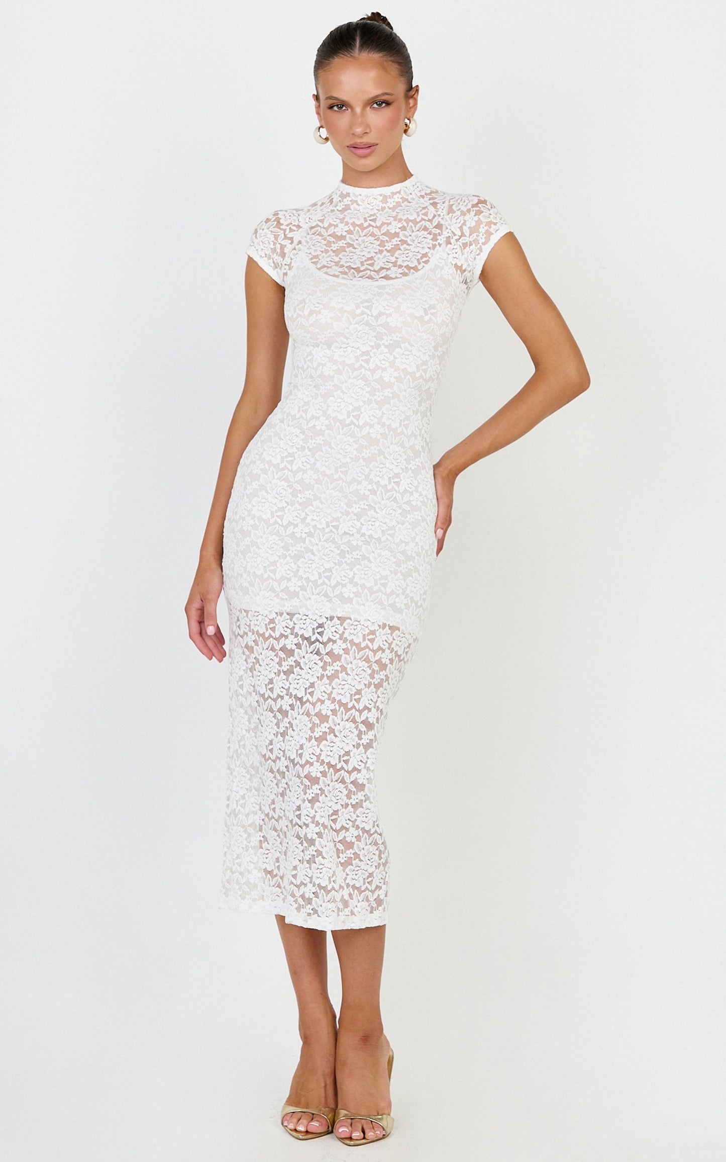 Emma Midi Dress - Lace Cap Sleeve Bodycon Dress in White