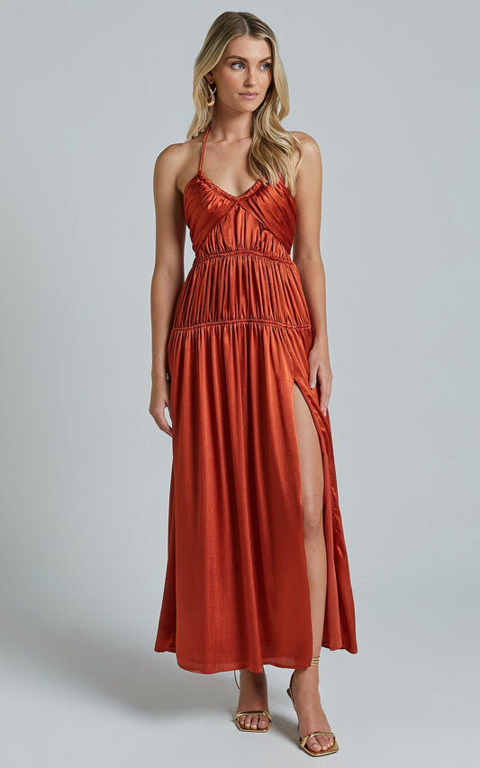Emmalyn Maxi Dress - Strappy Halter Tiered Fit & Flare in Rust