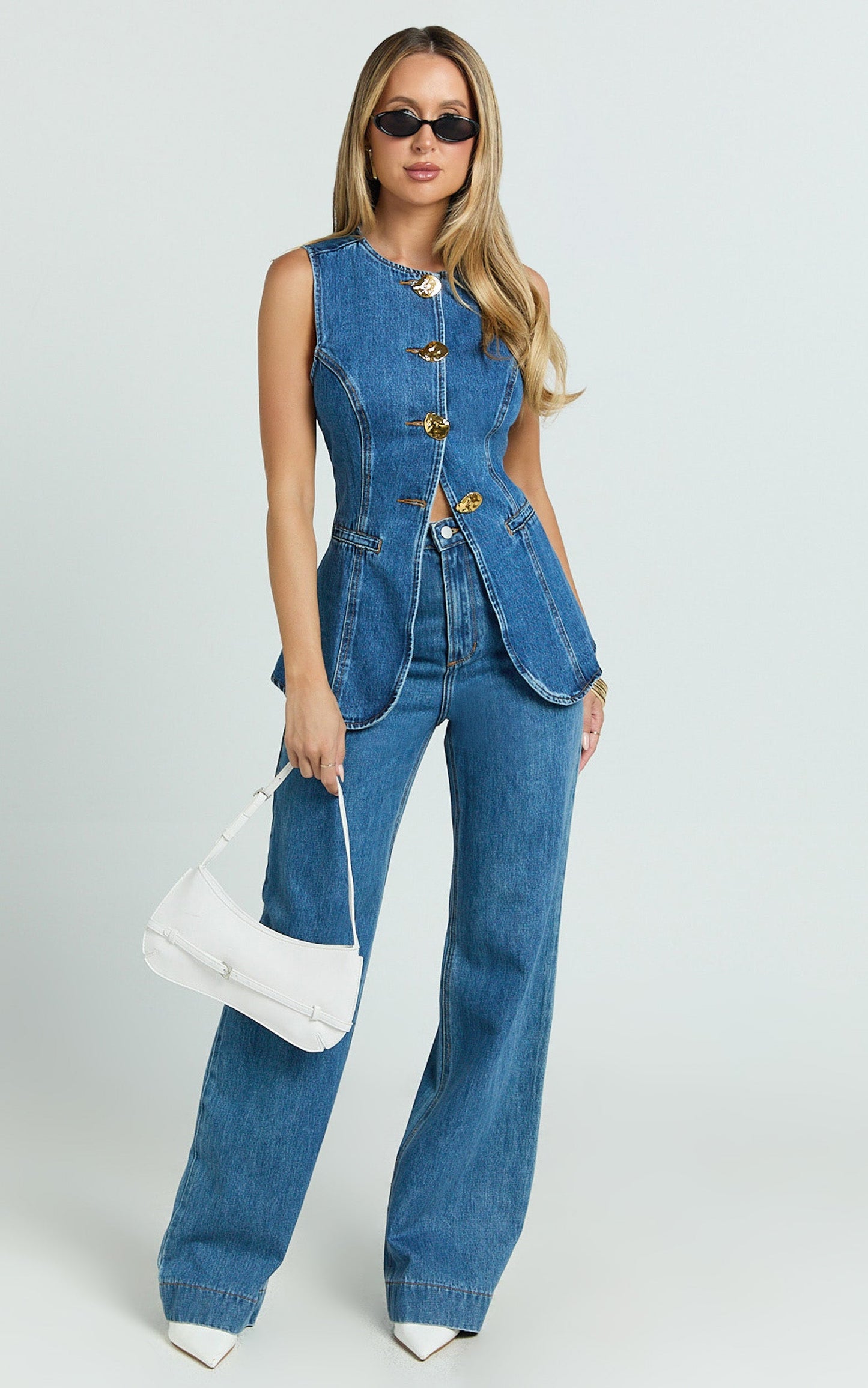Emman Jeans - High Waisted Cotton Wide Leg Denim Jeans in Dark Blue Wash