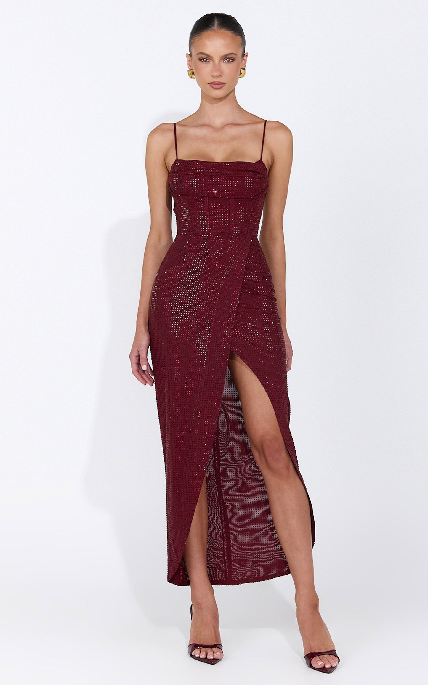 Emmeline Midi Dress - Hotfix Diamante Corset Bodice Dress in Wine